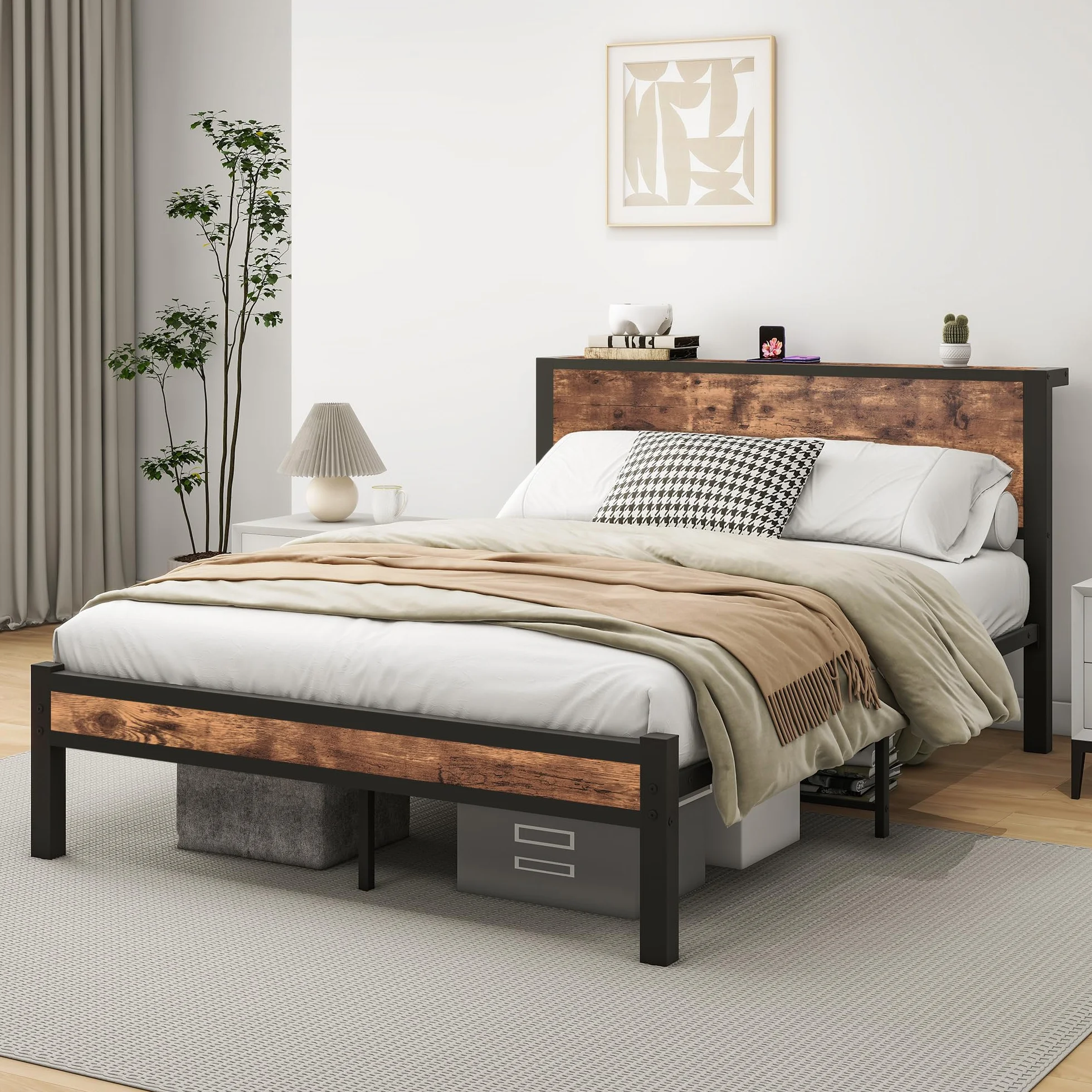 HOMERECOMMEND Rama łóżka 140 x 200, łóżko podwójne 140 x 200 cm, stelaż z metalu, łóżko dla gości do małych pomieszczeń, kolor czarny i brązowy