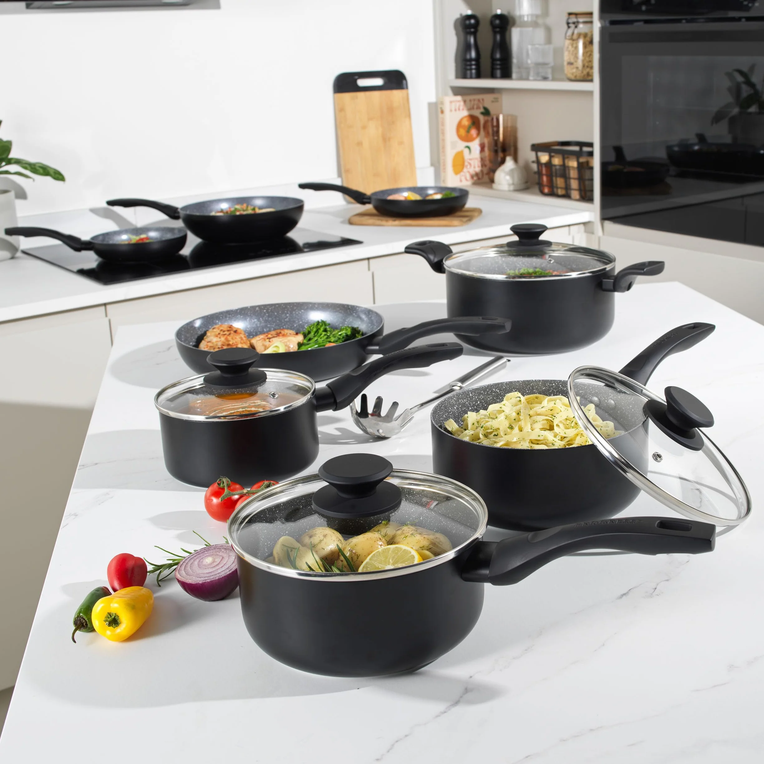 Progress BW12920EU7 Marmurowy ceramiczny 24 cm Stockpot z pokrywka– nieprzywierajacy garnek z metalicznym marmurem ceramicznym, odpowiednia indukcja, lekkie prasowane aluminiowe naczynia kuchenne