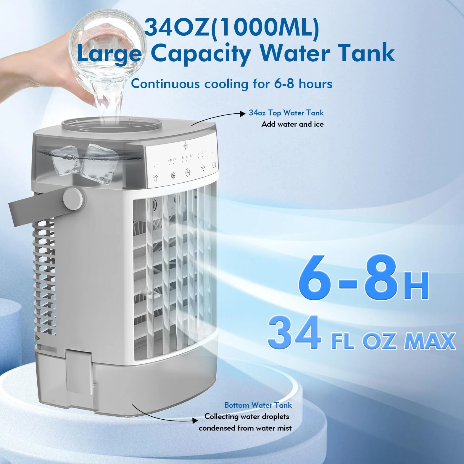 Przenośny klimatyzator, klimatyzator 3 w 1, osobisty mini klimatyzator ze zbiornikiem wody 1000 ml, timer 2/4/6h, mały wentylator chłodzący ładowany przez USB (adapter 5 V 2 A) do