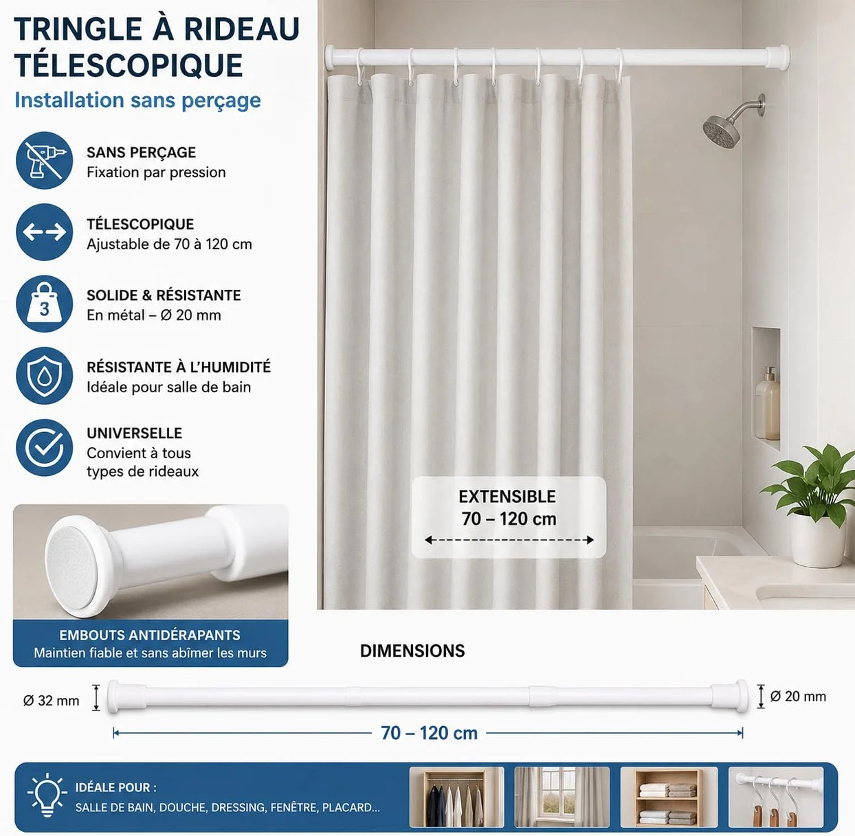 PARENCE – Biała metalowa teleskopowa zasłona prysznicowa 70–120 cm – bez otworu – mocowanie ciśnieniowe – Ø wąż 20 mm/Ø koniec 32 mm