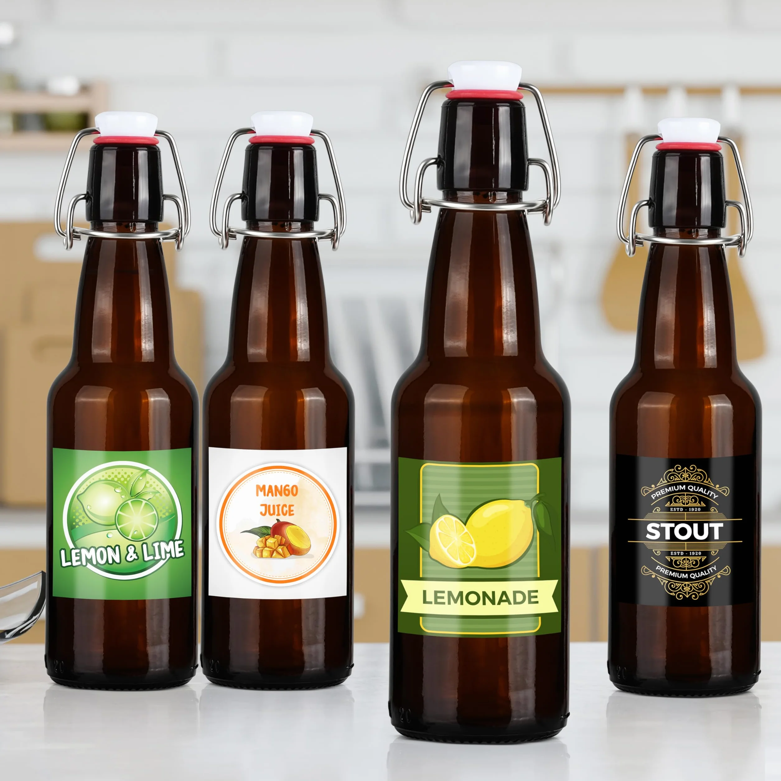 Pusta butelka na piwo z zakrętką i lemoniadę - Małe bursztynowe szklane 360 ml z etykietami (zestaw 10)