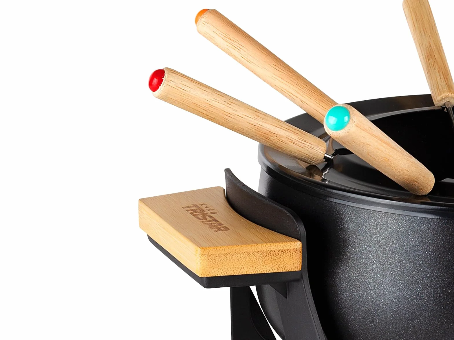 Fondue Tristar FO-1108 - bambusowe wykończenie - obudowa z czarnej matowej stali - do 8 osób - 1000 W
