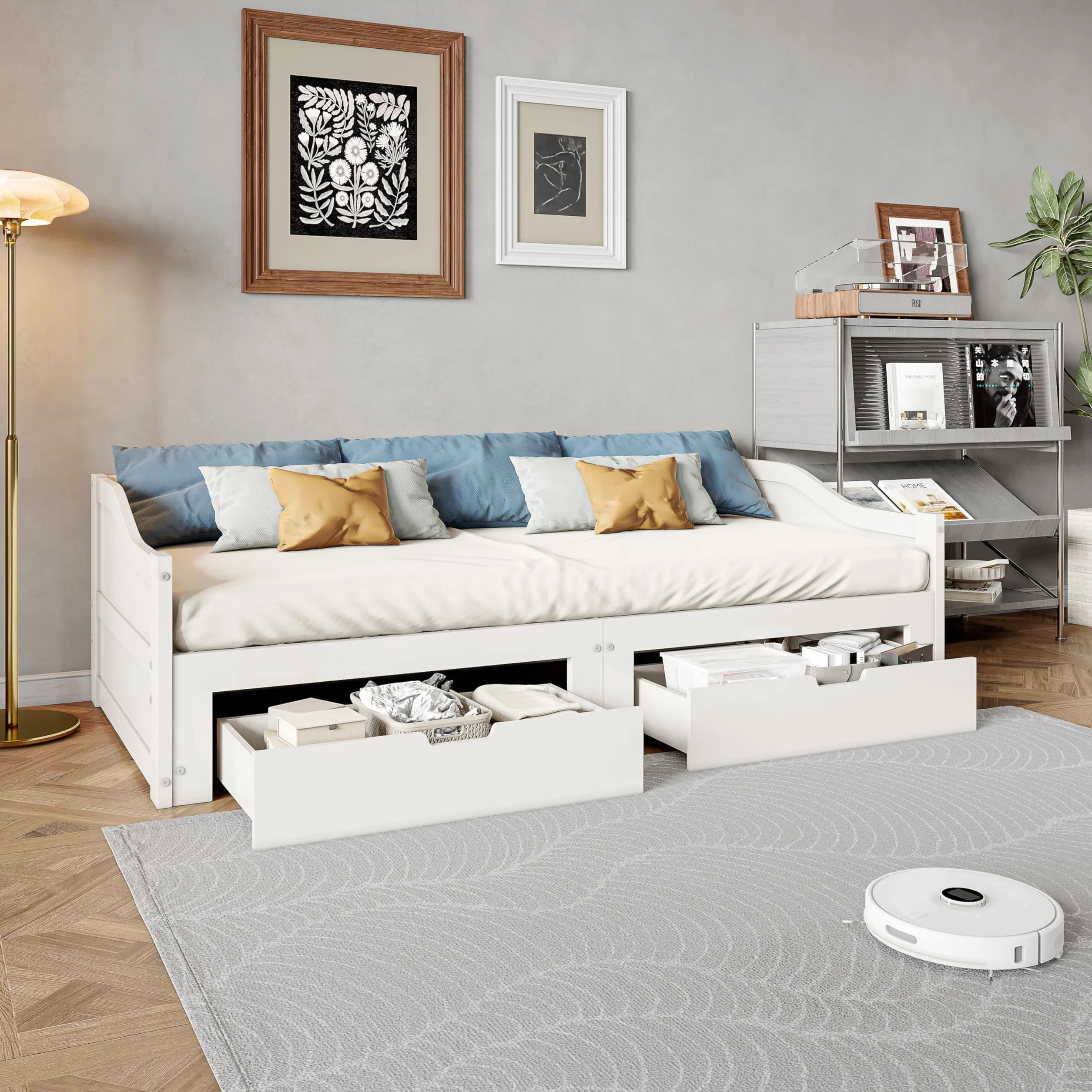 Sofa rozkładana 90/180 x 200 cm z litego drewna, składane łóżko z 2 szufladami, balustrada i podłokietniki, bez poduszek, idealna do pokoju dziecięcego lub salonu (lite drewno)