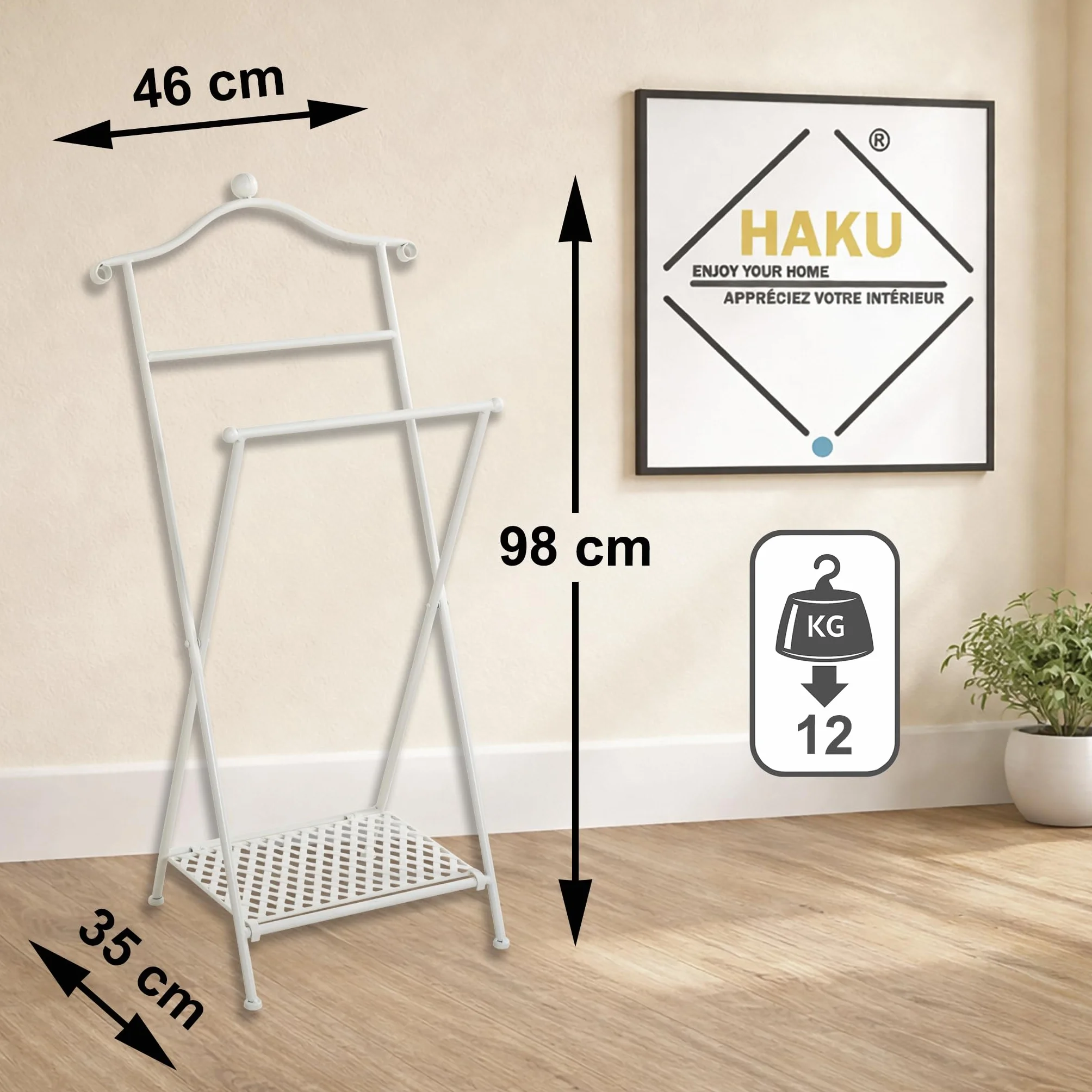 HAKU stojak na ubrania składany, cichy służący, składany, metal, bielona farba – wymiary: szer. 46 x wys. 98 x gł. 35 cm, styl: boho