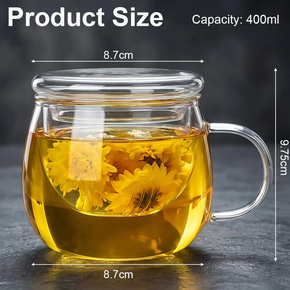 Szklana filiżanka do herbaty z pokrywką i sitkiem, 400 ml, szklanka do herbaty All in one z borokrzemu, przezroczyste szkło do herbaty, podwójne ścianki, śliczny grzyb do herbaty kwiatowej