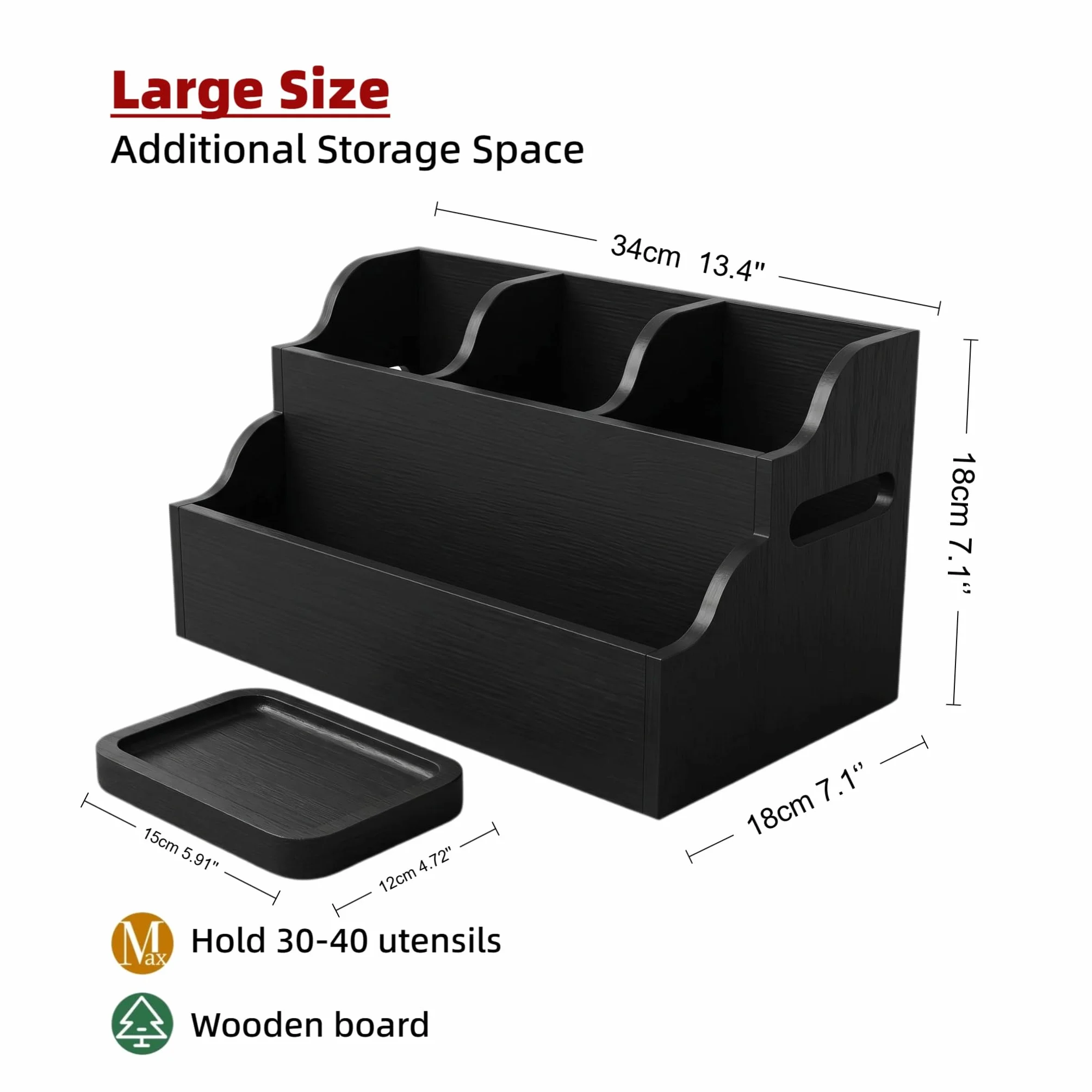 Bardzo duży organizer na przybory kuchenne z litego drewna z 3 przegródkami, nowoczesny, elegancki design z uchwytami, przestronny, łatwy dostęp i stabilny do przechowywania na blacie