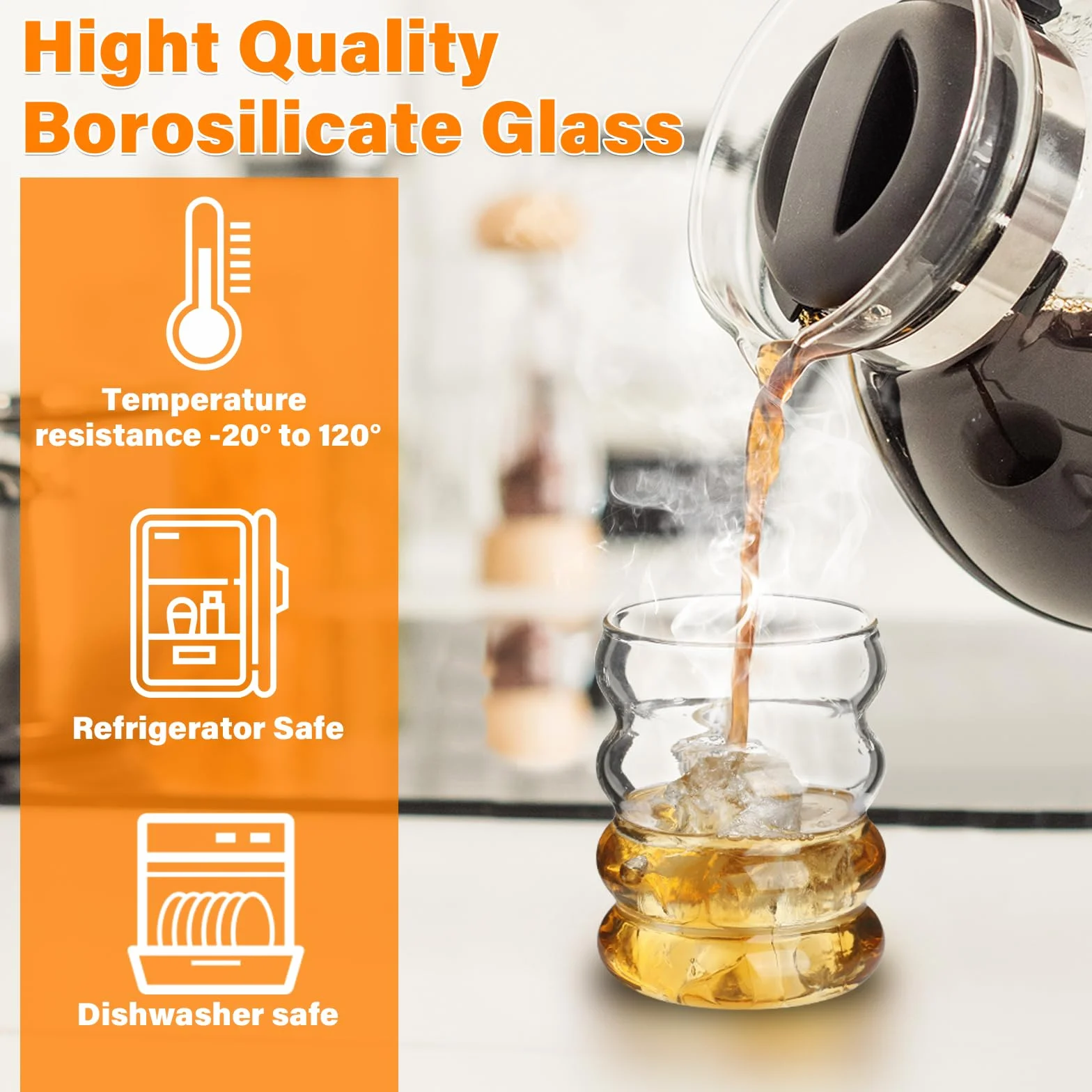 Withosent Szklanki bąbelkowe 300ml ze słomką, zestaw 4 żebrowanych szklanek do picia, szklanki Wave Tumbler, szklanki do wody na latte macchiato, mrożoną kawę, whisky, koktajle, jogurt, napoje