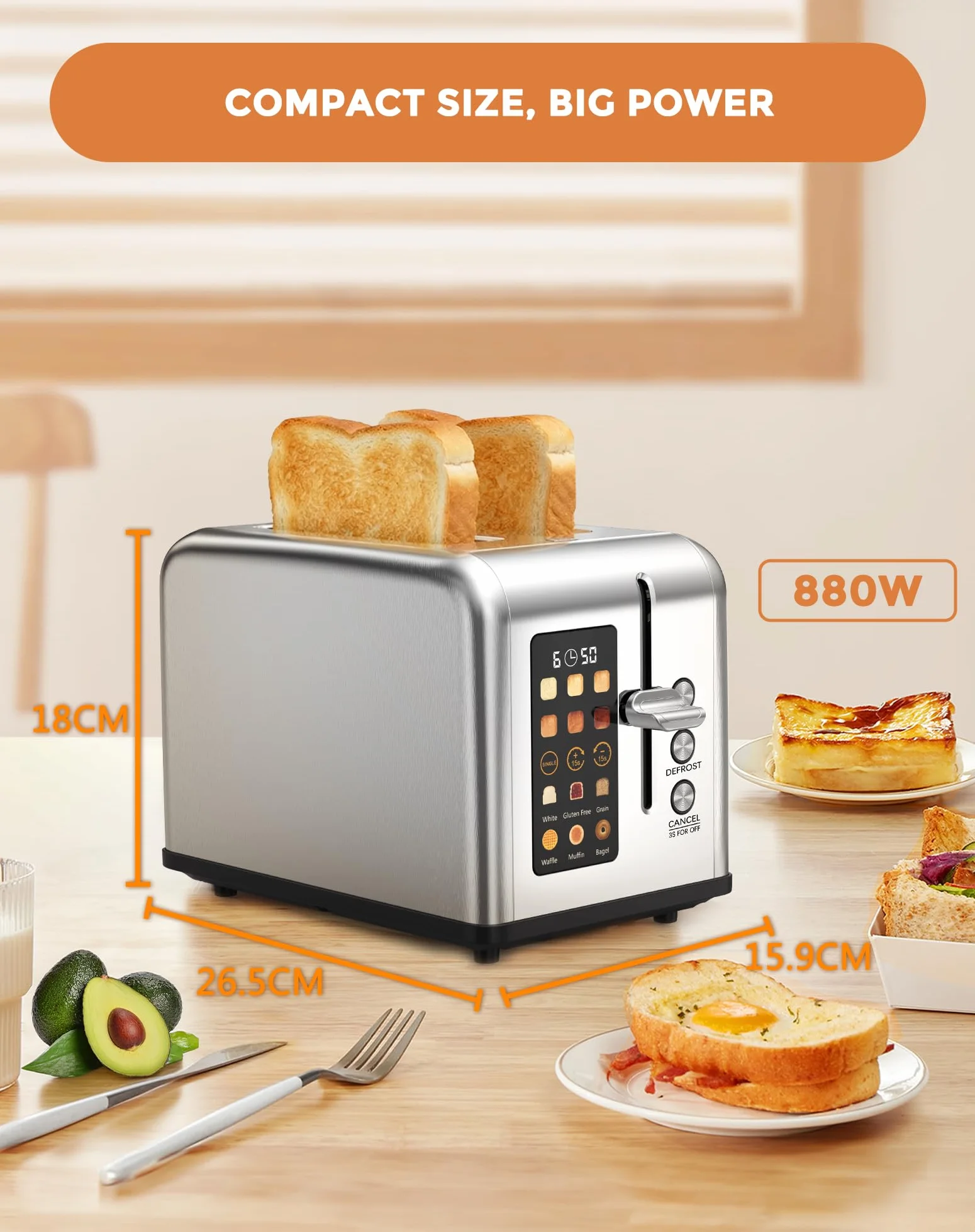 Toster z 2 kromkami, nadziewane tostery 880 W, ekran dotykowy LED, 6 poziomów opiekania, 6 programów chleba, funkcje ogrzewania/rozmrażania/zatrzymywania, stal nierdzewna