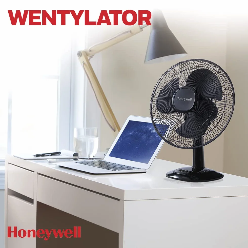 Wentylator stołowy Honeywell Comfort Control z funkcją oscylacji (3 poziomy prędkości, oscylacja w zakresie 90°, łopatki 30 cm, pochylenie w zakresie 30°, solidna podstawa) HTF1220