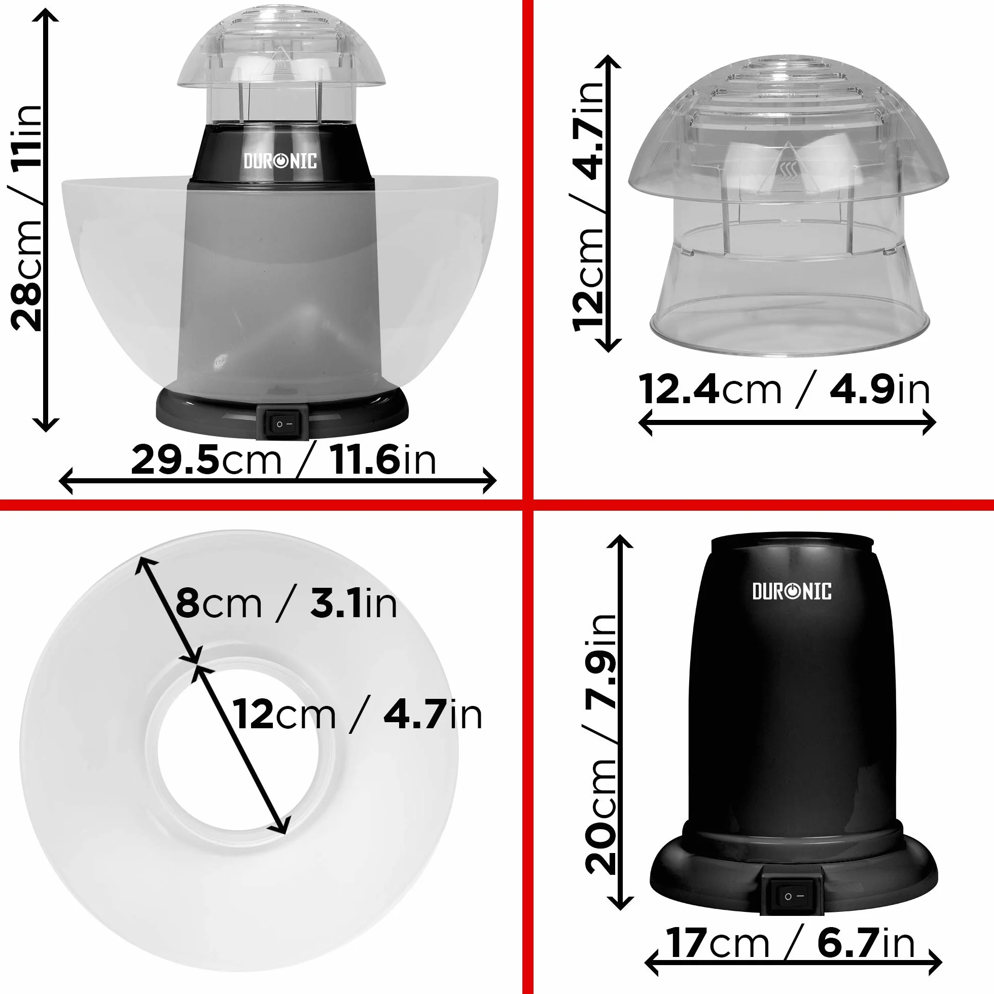 Duronic POP50 BK Maszyna do popcornu automat 1200W z wyjmowaną misą bezolejowa | do prażenia 50g ziaren przekąska bez tłuszczu | na gorące powietrze
