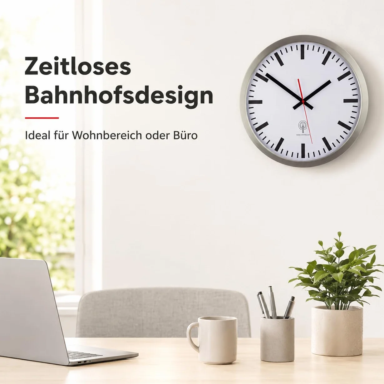 Eurotime 56862-07 radiowy zegar ścienny, 40 cm, srebrna obudowa ze stali nierdzewnej, prawdziwe szkło, tarcza stacji, automatyczna zmiana czasu, zegar ścienny do salonu lub