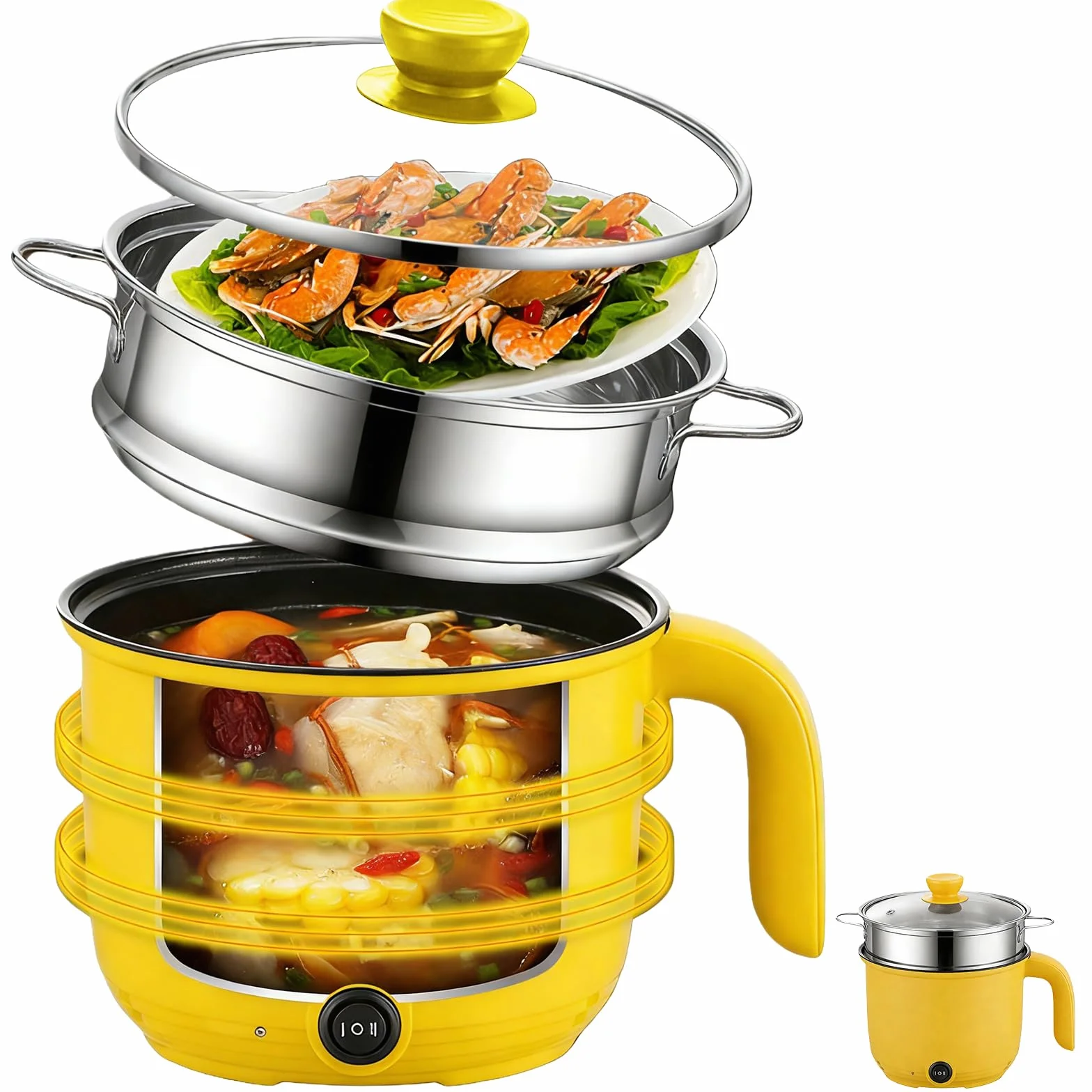 Elektryczny garnek Hot Pot, 1,5 l, mały, elektryczny garnek do gotowania z koszem na parze ze stali nierdzewnej, 600 W, przenośny, szybki do gotowania makaronu, wielofunkcyjna patelnia do domu, biura