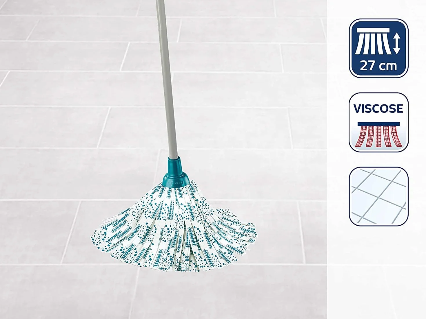 Leifheit Klasyczny mop z uchwytem, głowica mopa wiskozowego, nadaje się do prania w temperaturze 60°C, uniwersalne połączenie gwintowe do uchwytu, stalowy, turkusowy i szary, 1,25 m