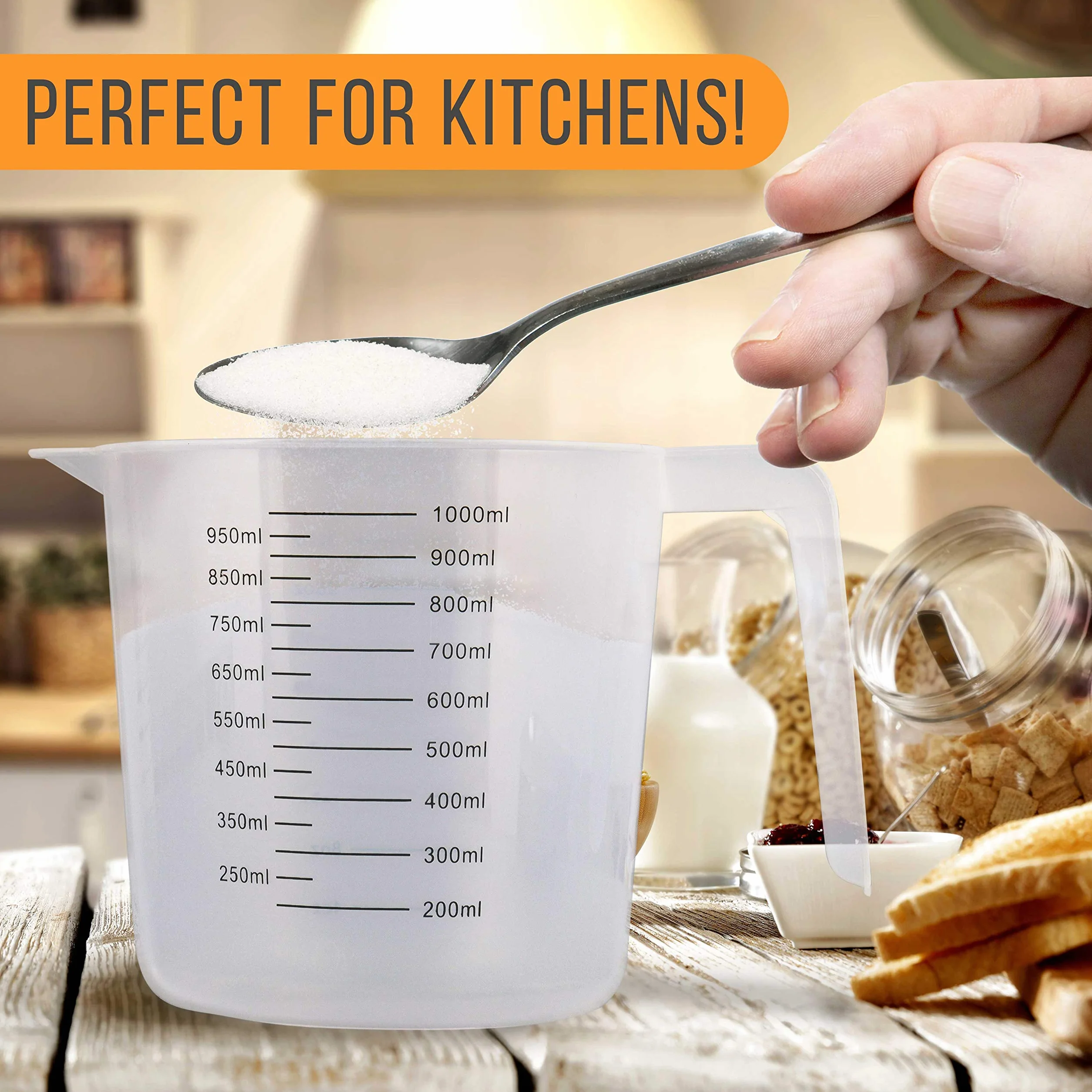 U.S. Kitchen Supply - 1000 ml kubek z miarką z tworzywa sztucznego z uchwytami (6 sztuk) – 4 filiżanki pojemności, uncje i oznaczenia ML Cup – zmierz i mieszaj składniki przepisu, mąkę, wodę