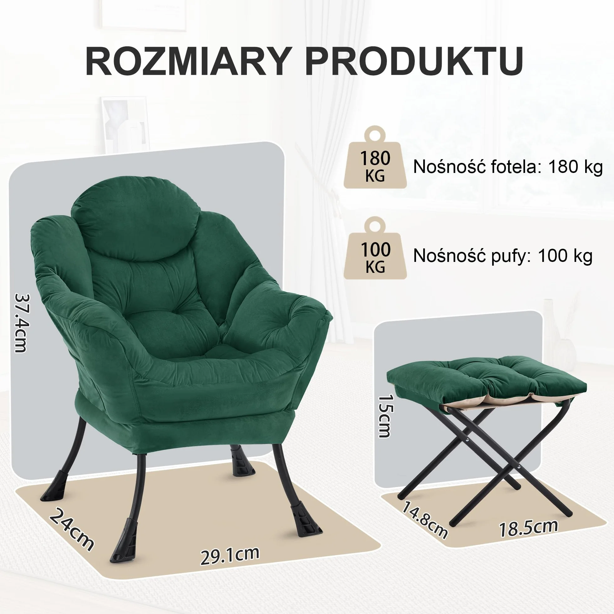 Fotel Leniwe Relaksacyjny Nowoczesny, Aksamitny Krzesło ze Stalową Ramą, z Podłokietnikami i Kieszenią, Fotel Telewizyjny do Salonu (Zielony)
