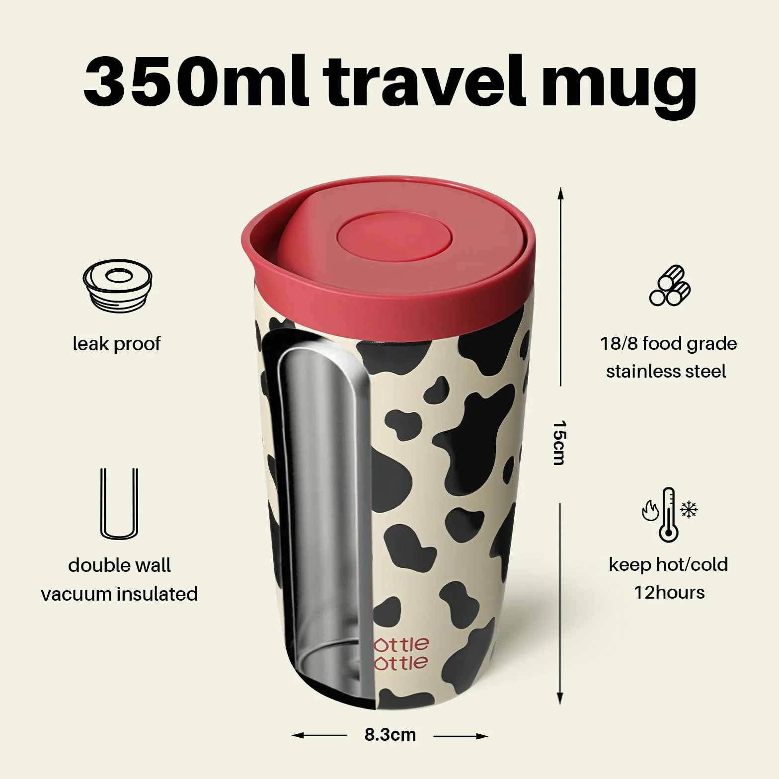 BOTTLE BOTTLE kubek termiczny 350 ml na kawę lub herbatę, szczelny i z łatwym zapięciem Quick-Press, kubek termiczny Travel Mug Classic Grande (wzór krowa)