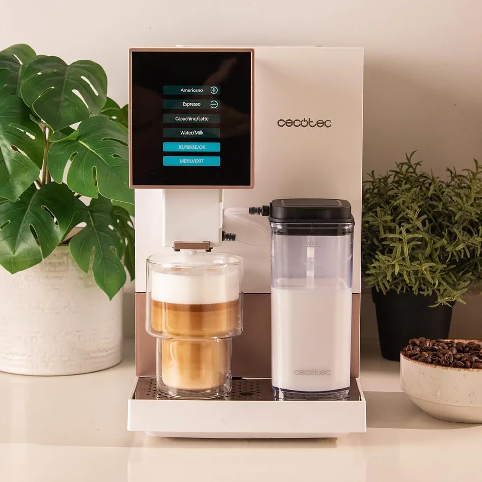 Cecotec Cremmaet Compactccino White Rose, Superautomatyczny ekspres do kawy, 19 barów, system Thermoblock, świeżo zmielone ziarno z Plug&Play, Zbiornik 150 g kawy z młynkiem, 1,1 l wody, 400ml mleka