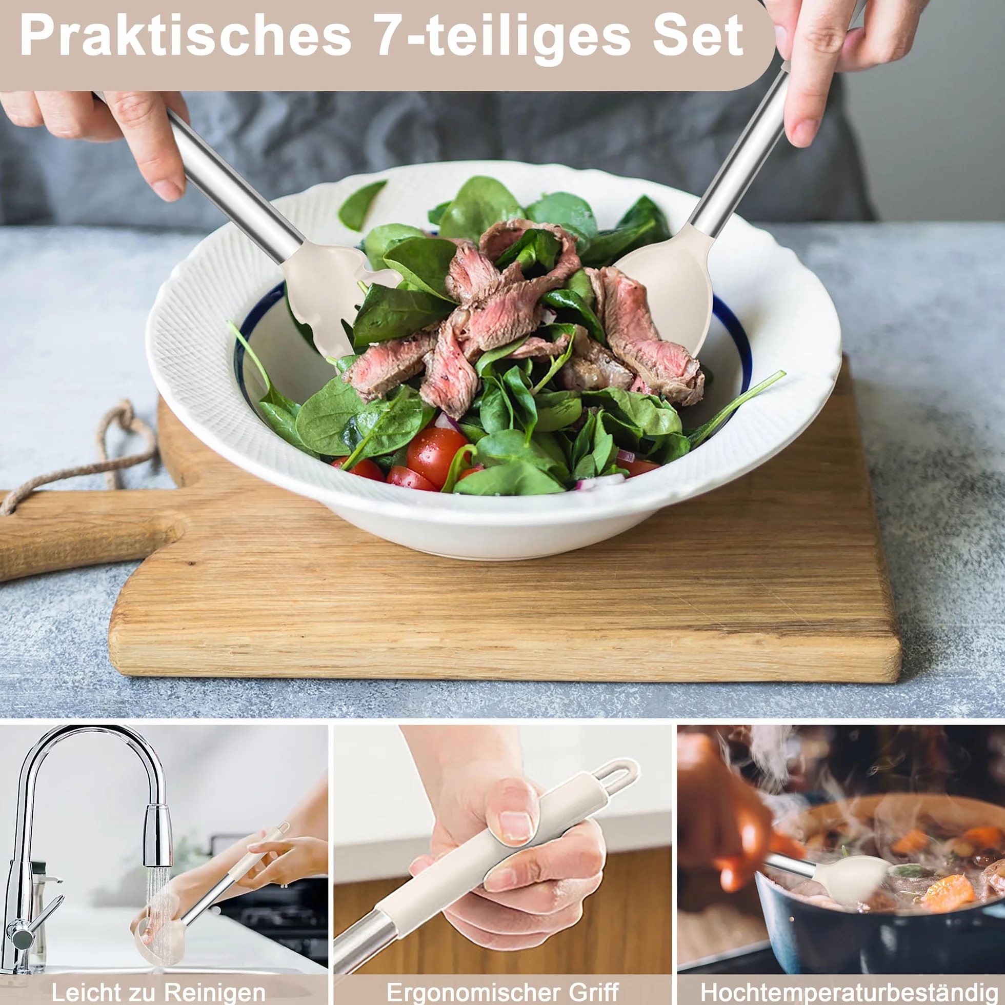 Zestaw przyborów kuchennych Joyfair, 7 sztuk, zestaw kuchennych narzędzi do gotowania, koloru khaki, antyprzywarczy, odporny na wysokie temperatury, łopatka do patelni, narzędzia kuchenne do gotowania