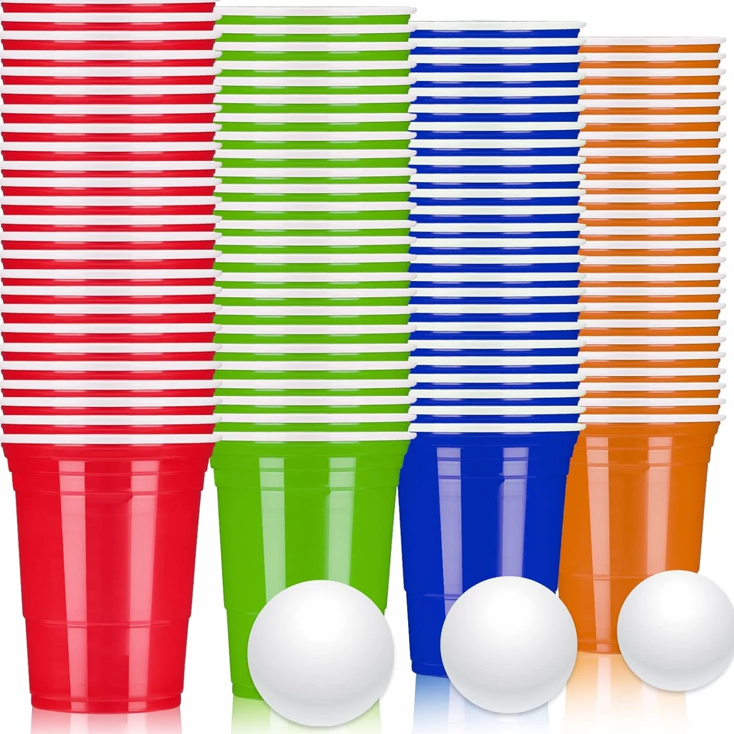 LATERN 100 szt. plastikowych kubków wielokrotnego użytku, 480 ml, zestaw kubków do piwa z 25 czerwonymi kubkami, 25 niebieskimi kubkami, 25 zielonymi kubkami, 25 pomarańczowymi kubkami, 10 piłek do