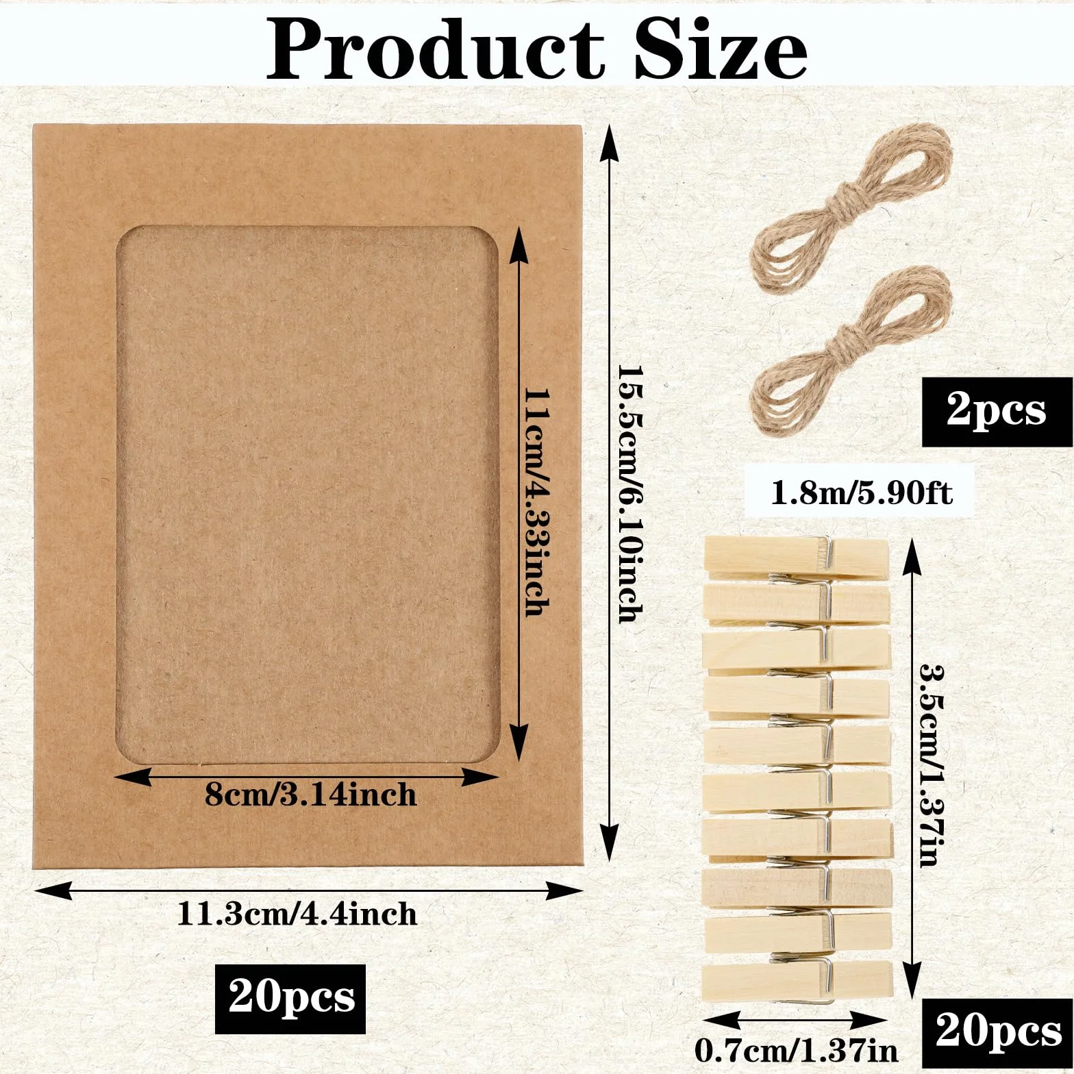 20 sztuk papierowych ramek na zdjęcia, z papieru typu kraftowego, 11,5 x 15,5 cm, linka na zdjęcia z 20 drewnianymi klamerkami, 2 sztuki, zestaw ramek na zdjęcia z kartonu, do domu, szkoły