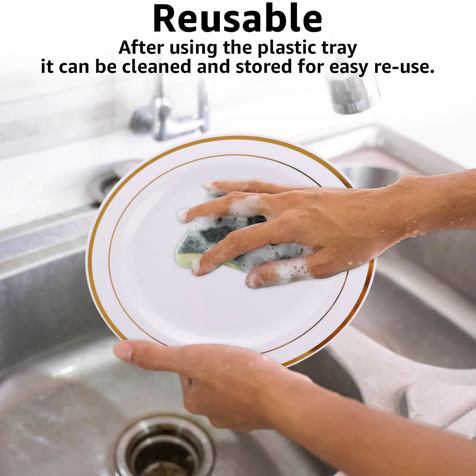AKOLAFE 50 Sztuk Białych Plastikowych Talerzy Wielokrotnego Użytku, 20 cm, Ze Złotą Krawędzią, Stabilne, Z Twardego Tworzywa Sztucznego
