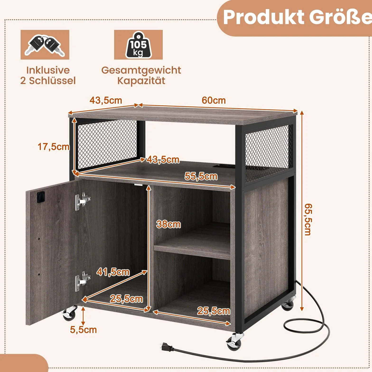 GOPLUS Kontener na kółkach, mobilna szafka na dokumenty ze stacją ładującą i zamkiem, kontener biurowy z regulowanymi półkami, metalowa rama i otwór na kabel, stojak na drukarkę, do biura i salonu