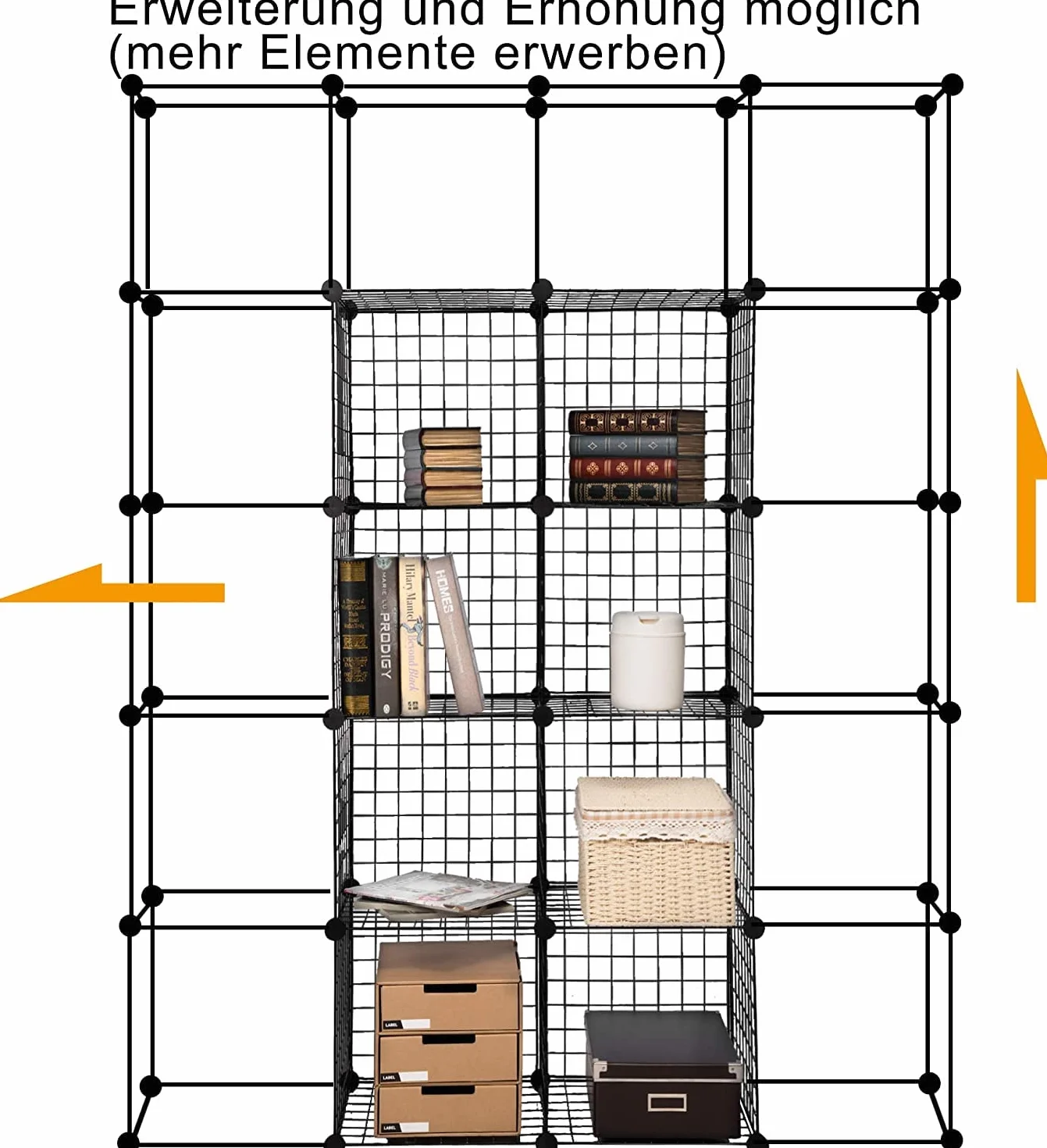 WOLTU SR0123sz-2 system półek bezśrubowych półka sześcianowa półka druciana regulowana indywidualnie 16 przegródek czarny z siatki drucianej 148 x 37 x 148 cm (szer. X wys. X gł.)