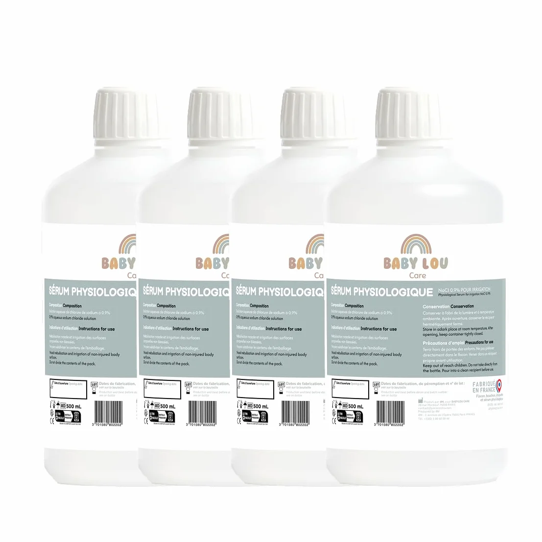 Fizjologiczne serum w butelce | NaCl 0,9% | Mycie nosa | Higiena nosa | Do nawadniania zewnętrznego | Wyprodukowano we Francji | 4 x 500 ml