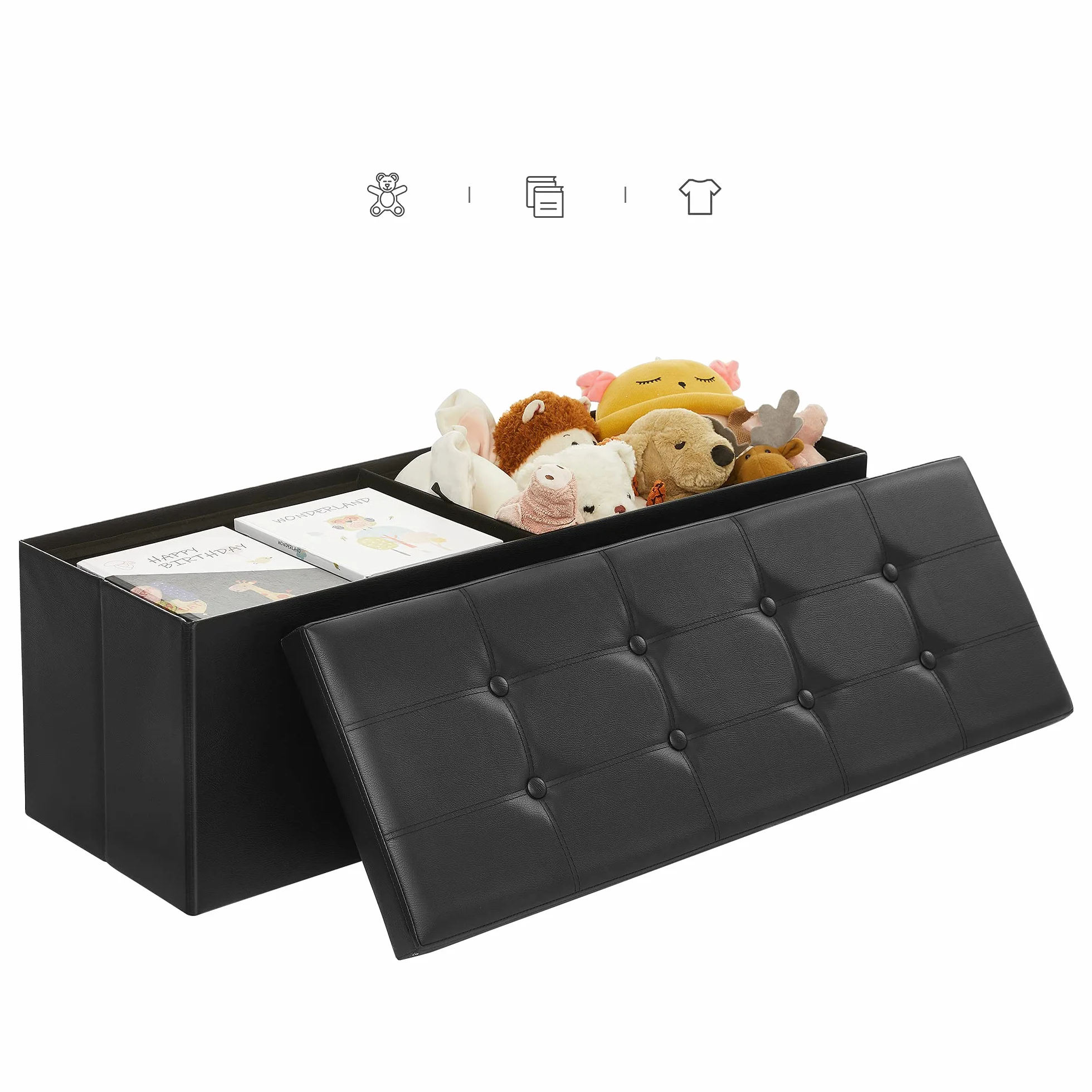 SONGMICS Ława ze Schowkiem, Skrzynia z Pokrywą, Składany Mebel Wyściełany na Końcu, Oszczędzający Miejsce, Pojemność 12 L, Obciążenie do 3 kg, Sypialnia, Hol, Czarna Lsf71