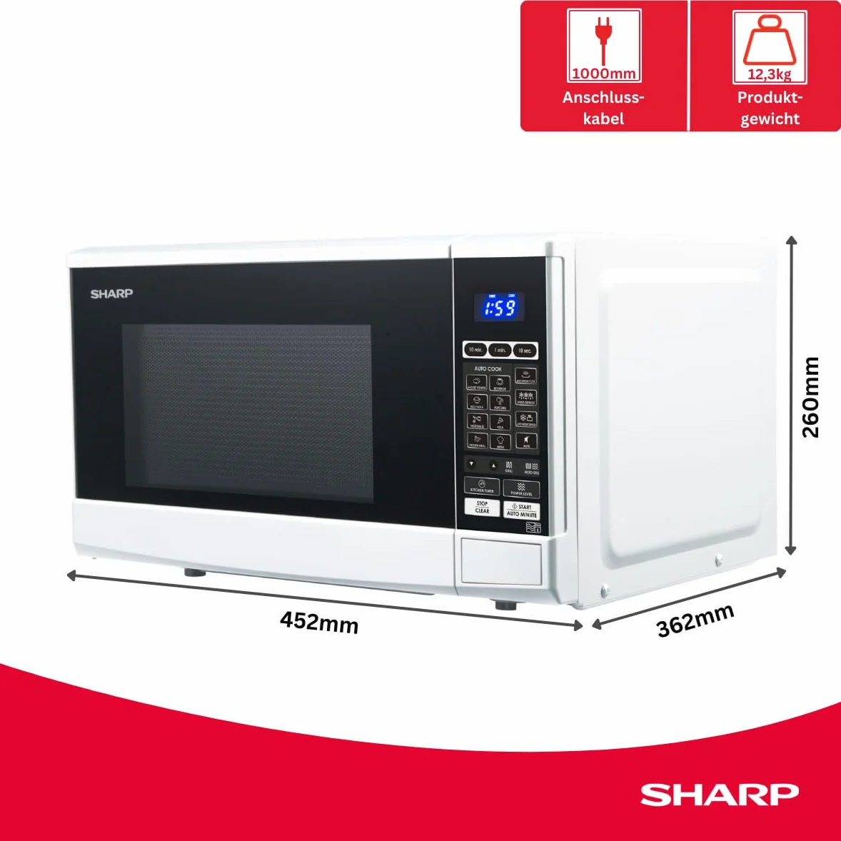 SHARP R670W kuchenka mikrofalowa 2 w 1 z grillem (20 l, 800 W, grill 1000 W, 10 poziomów mocy, 13 automatycznych programów AutoCook, timer) / biała