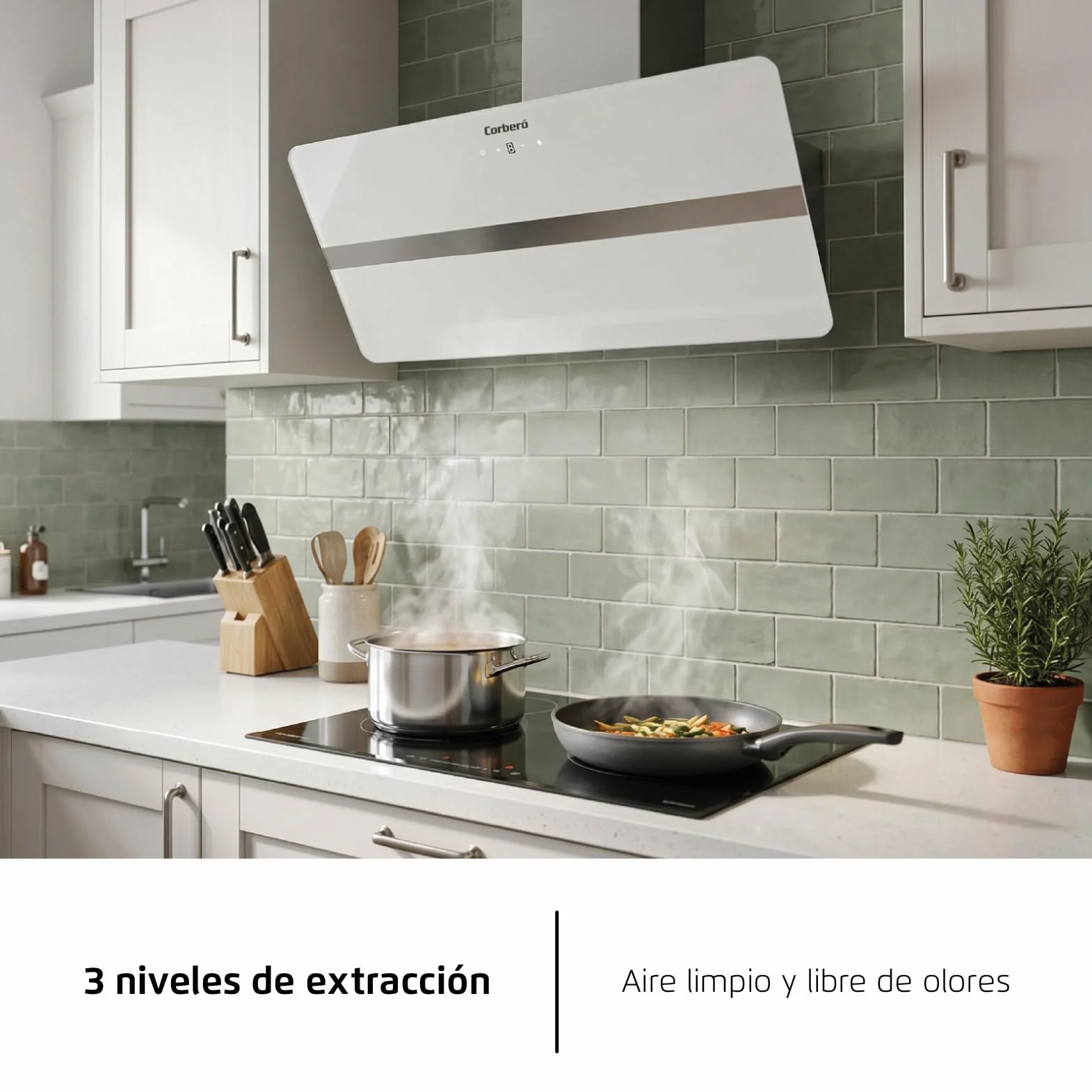 Corberó VicTORIA960W Dekoracyjny Dzwonek, 90 cm, 165 W, 3 prędkości, Control Touch, Przepływ 594,2 m3/h, kolor szkła hartowanego, 1 x filtr aluminiowy, filtr węglowy, energia A