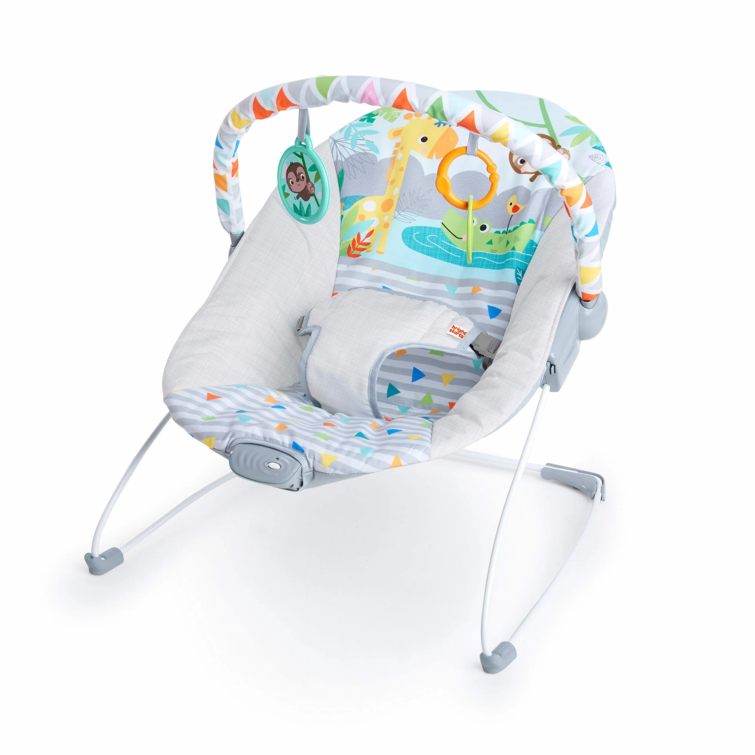 Bright Starts, Łopatka dla niemowląt, Safari Fun z uspokajającymi wibracjami, poduszka do siedzenia, nadająca się do prania w pralce, antypoślizgowe nóżki i 2 zabawki