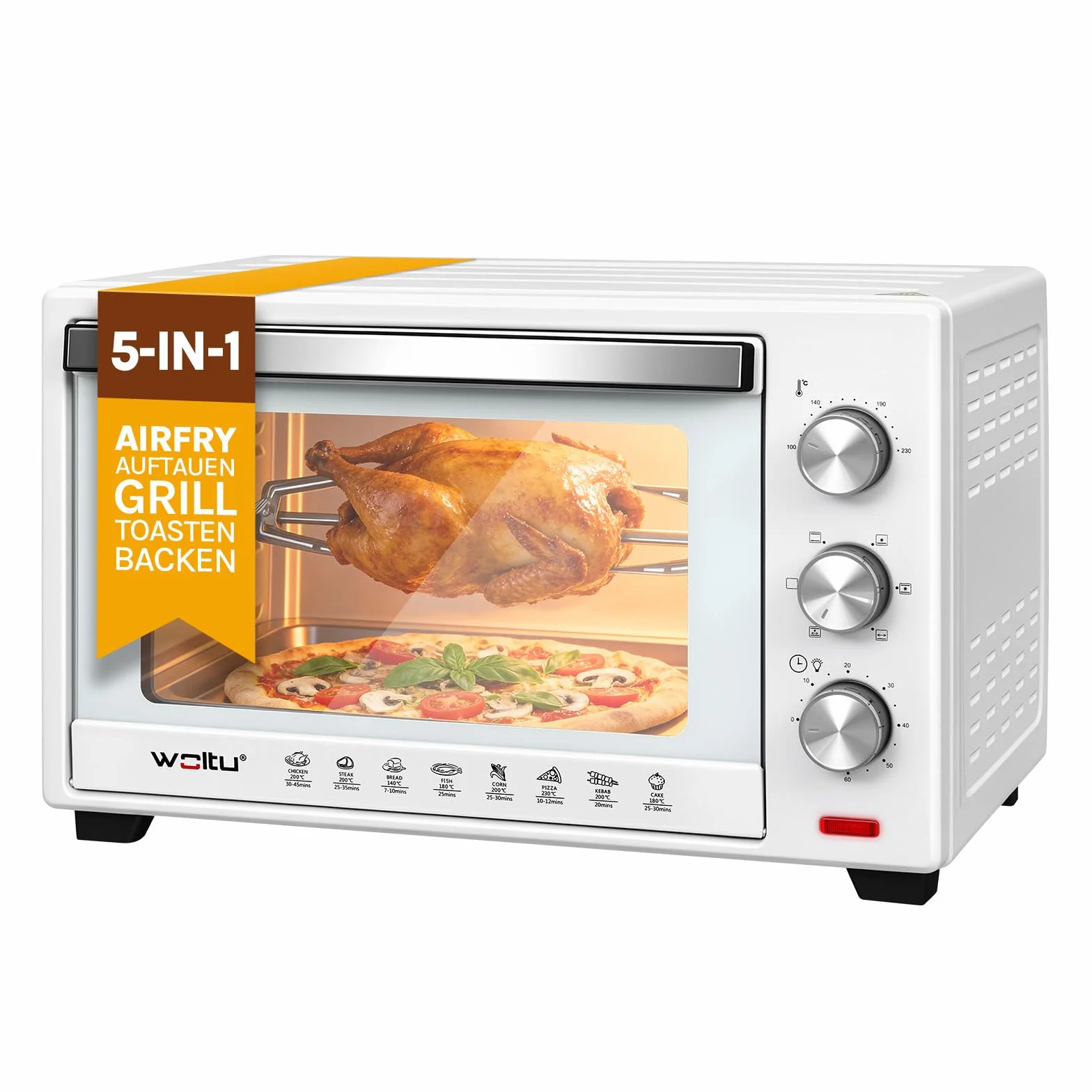 WOLTU mini piekarnik 32 litry, toster 1600 Watt | Piec do pizzy | Wyjmowana tacka na okruchy z minipiekarnikiem z timerem do pizzy, tostów, indyka, hot-dogów, biała