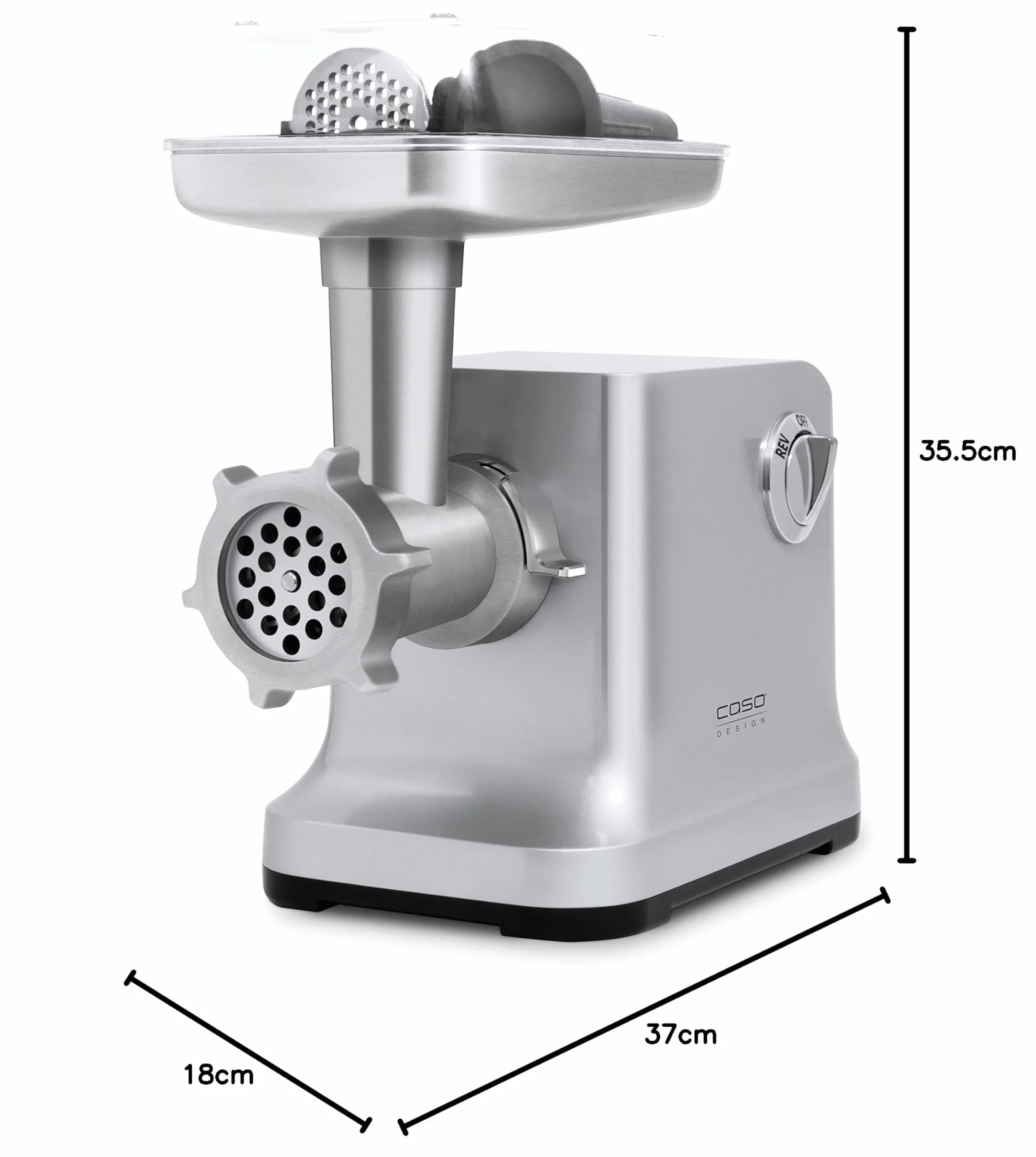 Caso FW2000 Elektryczna maszynka do mielenia mięsa, w tym ciasteczka rozpryskowe, nominalna nasadka 800 W, blokowana 2000 W, ok. 2 kg/min, obudowa z odlewu aluminiowego, mocny silnik, srebrna