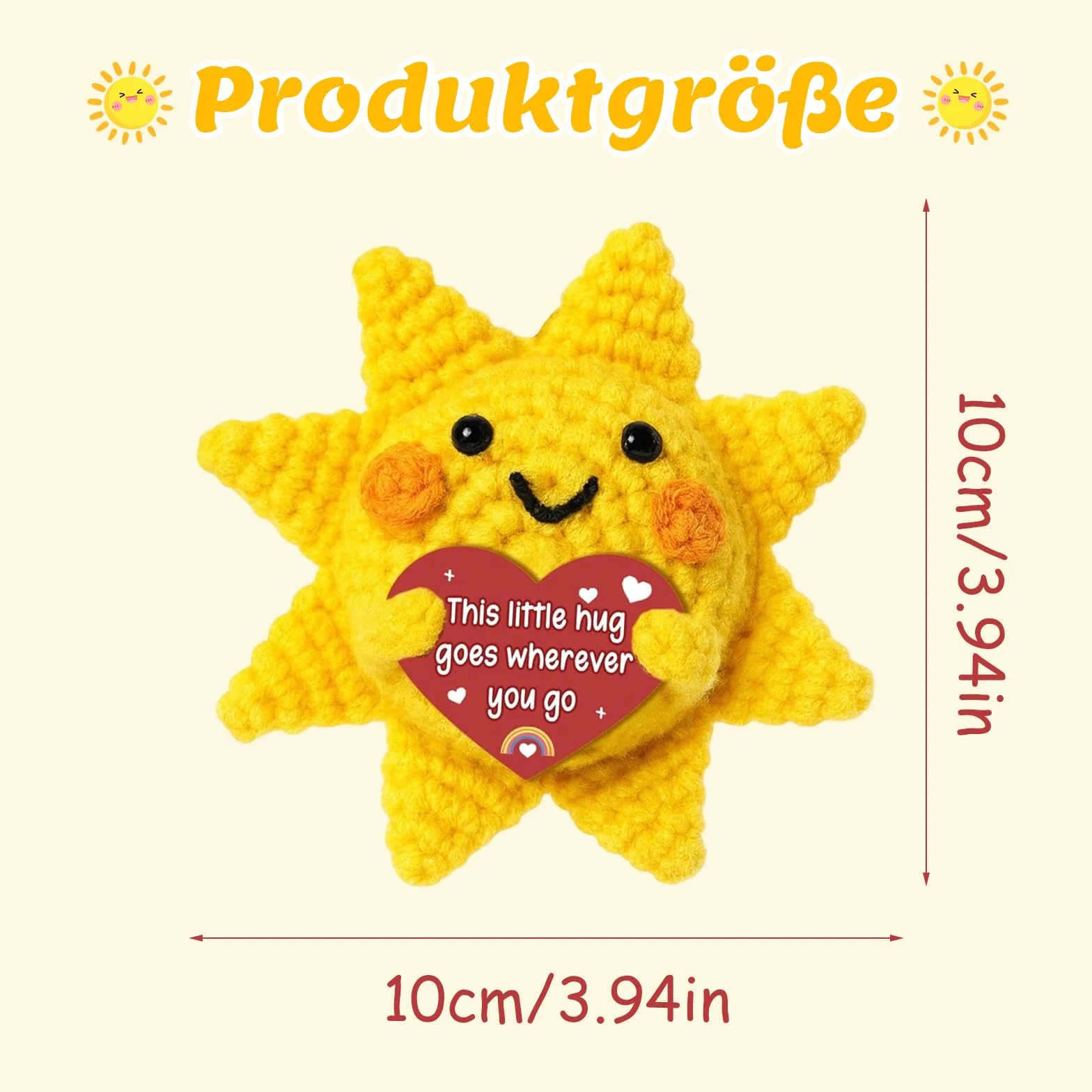 Pozytywne słońce z inspirującą kartką, żółte, pozytywne prezenty, Pocket Hug, słońce, emocjonalne wsparcie, lalka dziergana z wełny, ręcznie szydełkowana, prezent dla kobiet, na urodziny, Boże