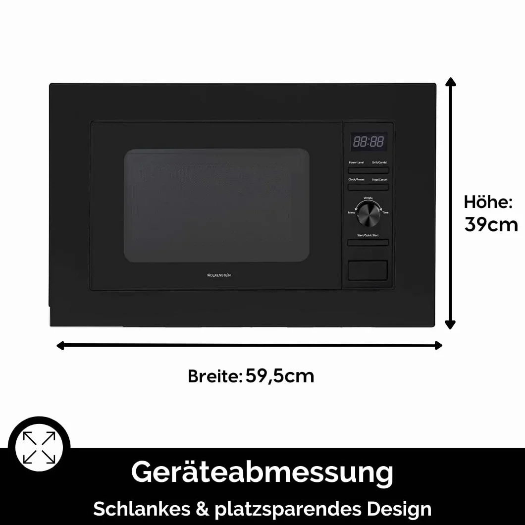Wolkenstein WMW800-20GB EB Einbau Mikrowelle, 60 cm breit, 800 W, 20 L, 6 Leistungsstufen, Auftaufunktion, Grill 900 W, Kindersicherung, Schwarz