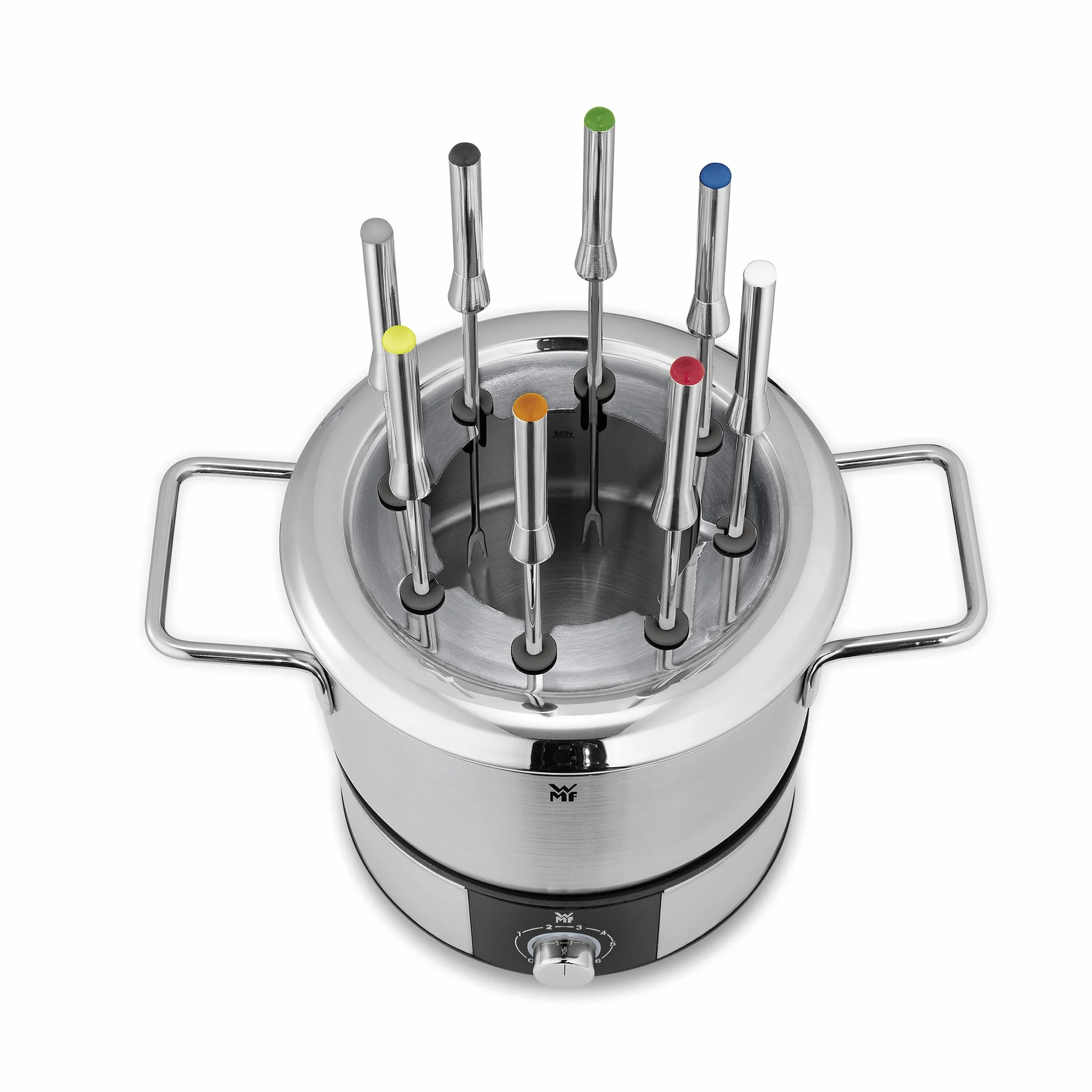 WMF Lono zestaw do fondue dla 8 osób, elektryczny fondue, 1400 W, regulacja temperatury, uchwyt na widelec, garnek indukcyjny 1,2 l, Hot Pot, stal nierdzewna matowa