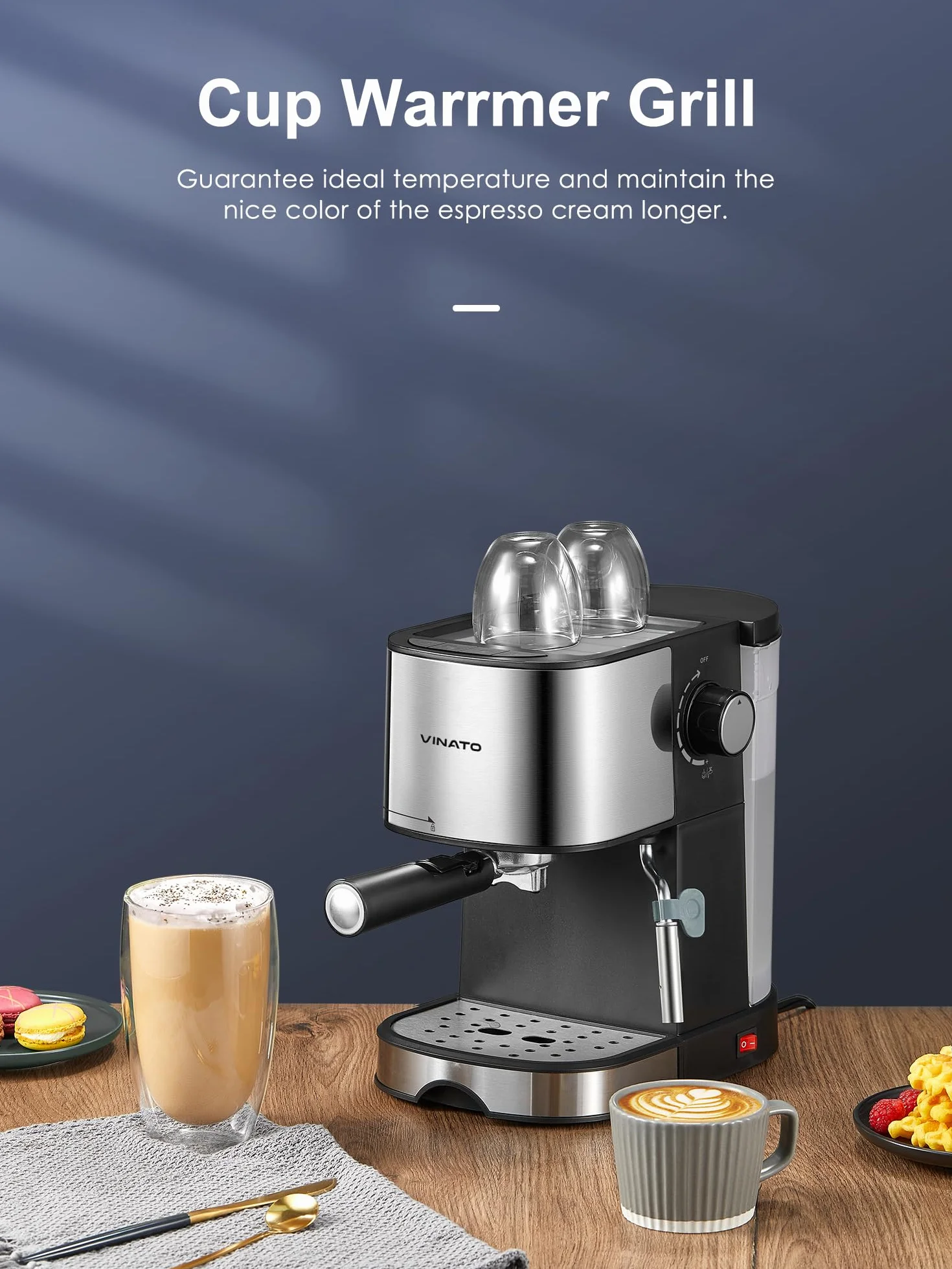 VINATO Ekspres do espresso, 15 bar, ekspres do espresso i cappuccino z funkcją szybkiego nagrzewania, ekspres do kawy z funkcją spieniania mleka i prętem parowym, podwójny uchwyt filtra wylotowego i 2