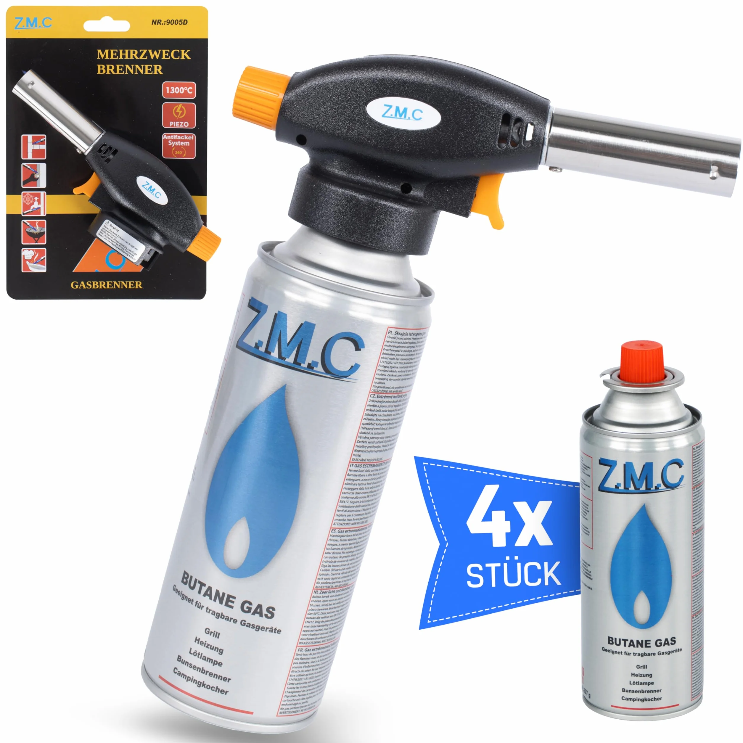 Z.M.C Palnik gazowy + 4 x kartusze gazowe 227 g, palnik do flambira, temperatura do 1300°C, palnik spawalniczy z zapłonem piezoelektrycznym, palnik do lutowania 1,3 kW, nasadka palnika z regulowanym