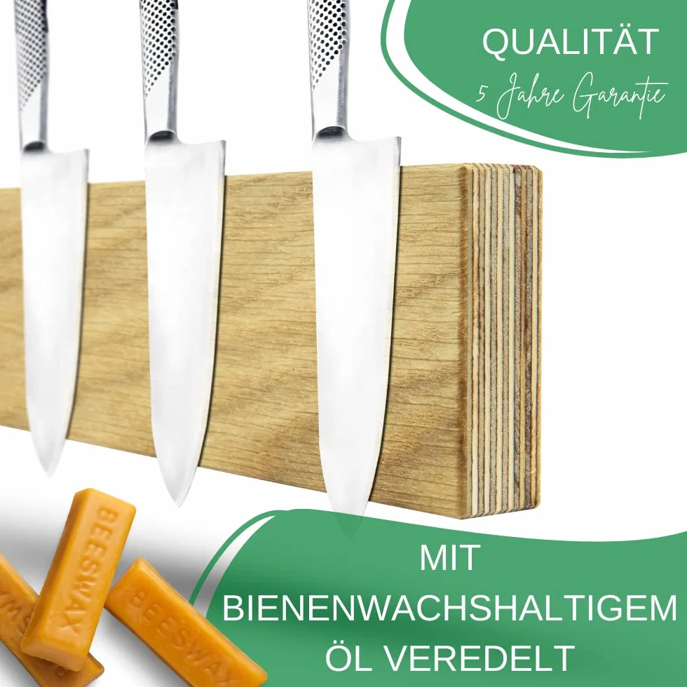 Thiru Listwa magnetyczna premium na noże – Made in Germany z ręcznego wykonania – bardzo mocny uchwyt na noże, magnetyczny z niemieckiego buku, dębu lub orzecha, 35 x 6 cm, w zestawie akcesoria