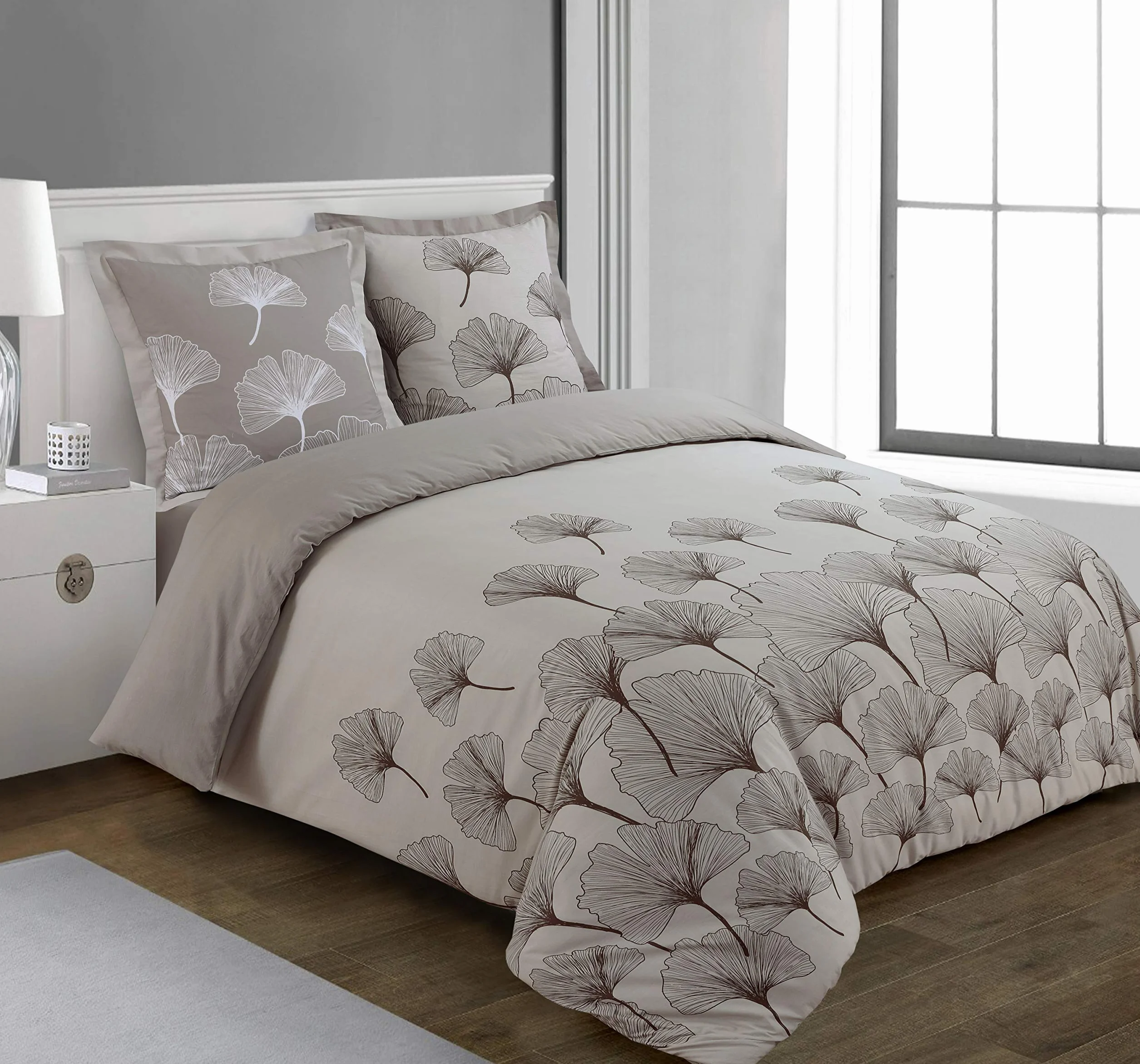 Vision - Komplet pościeli Ginko Beige - Poszewka na kołdrę 260x240cm z 2 różnymi poszewkami 65x65cm - 100% Bawełna