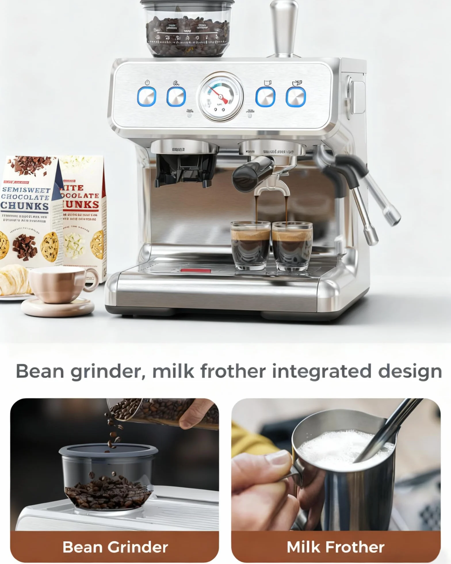 COWSAR - Ekspres do kawy z 20 prętami z młynkiem i spieniaczem do mleka, ekspresy do espresso 58 mm, ekspres do kawy ze stali nierdzewnej do cappuccino i latte, idealny do użytku