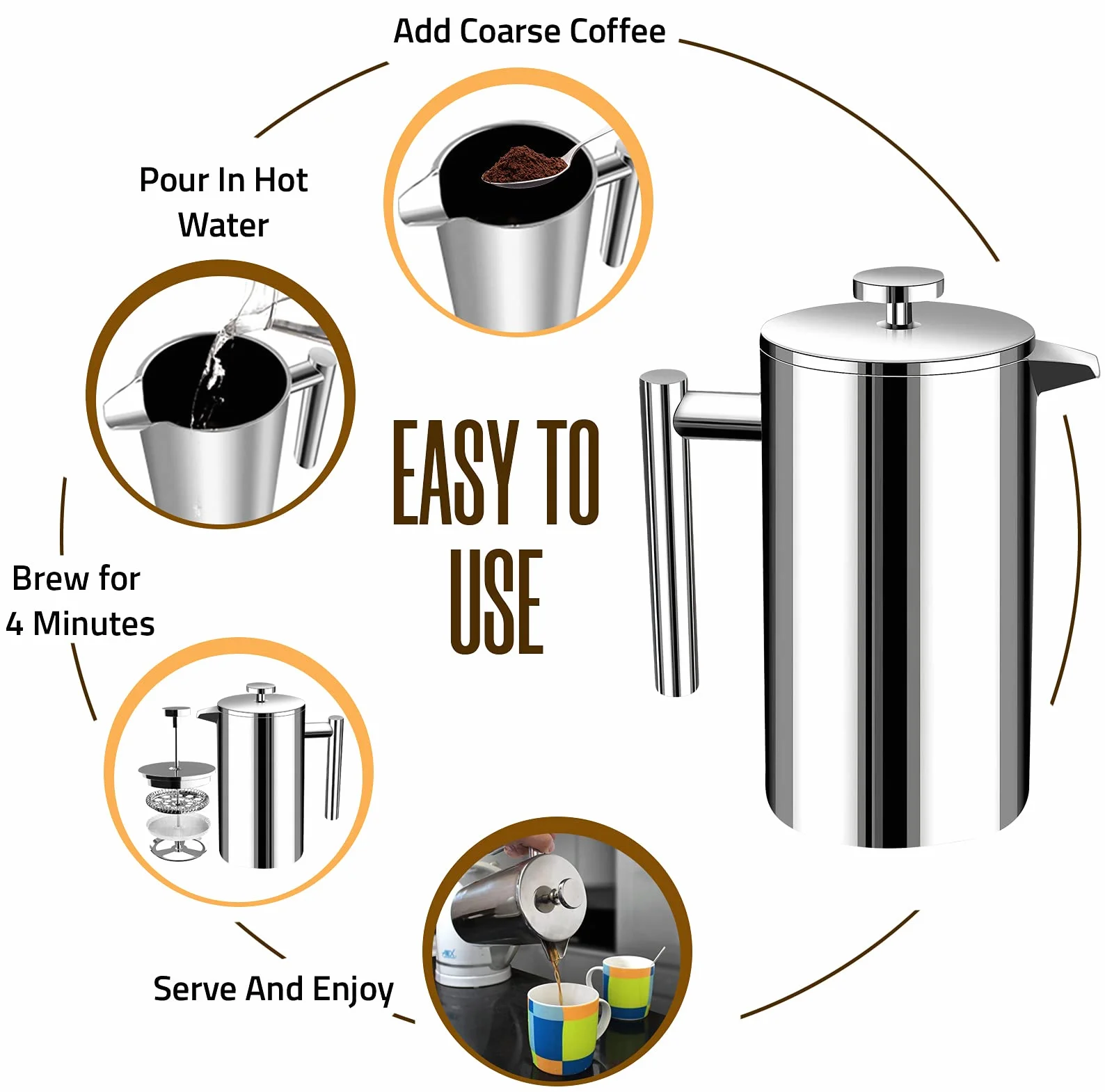 Kichly Prasę Francuską Zaparzacz do Kawy - Ekspres do Kawy 600ml (20oz) Dwuwarstwowe 100% Stal Nierdzewna - Herbata lub Cafetiere Czajnik - Przenośny Cafetière dla domu i kempingu (Srebrny)