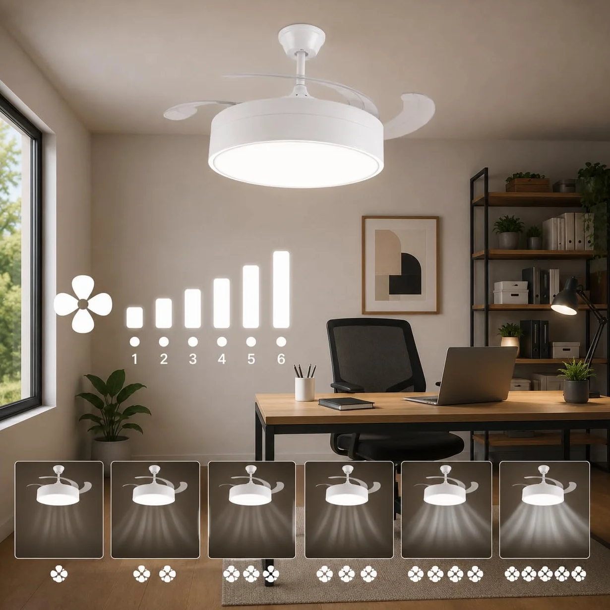 M mimotec - Wentylator sufitowy z oświetleniem LED Messe 72W, biały, pilot zdalnego sterowania, niskie zużycie energii, silnik prądu stałego, 6 prędkości, cichy, 4 rozkładane łopatki, funkcja