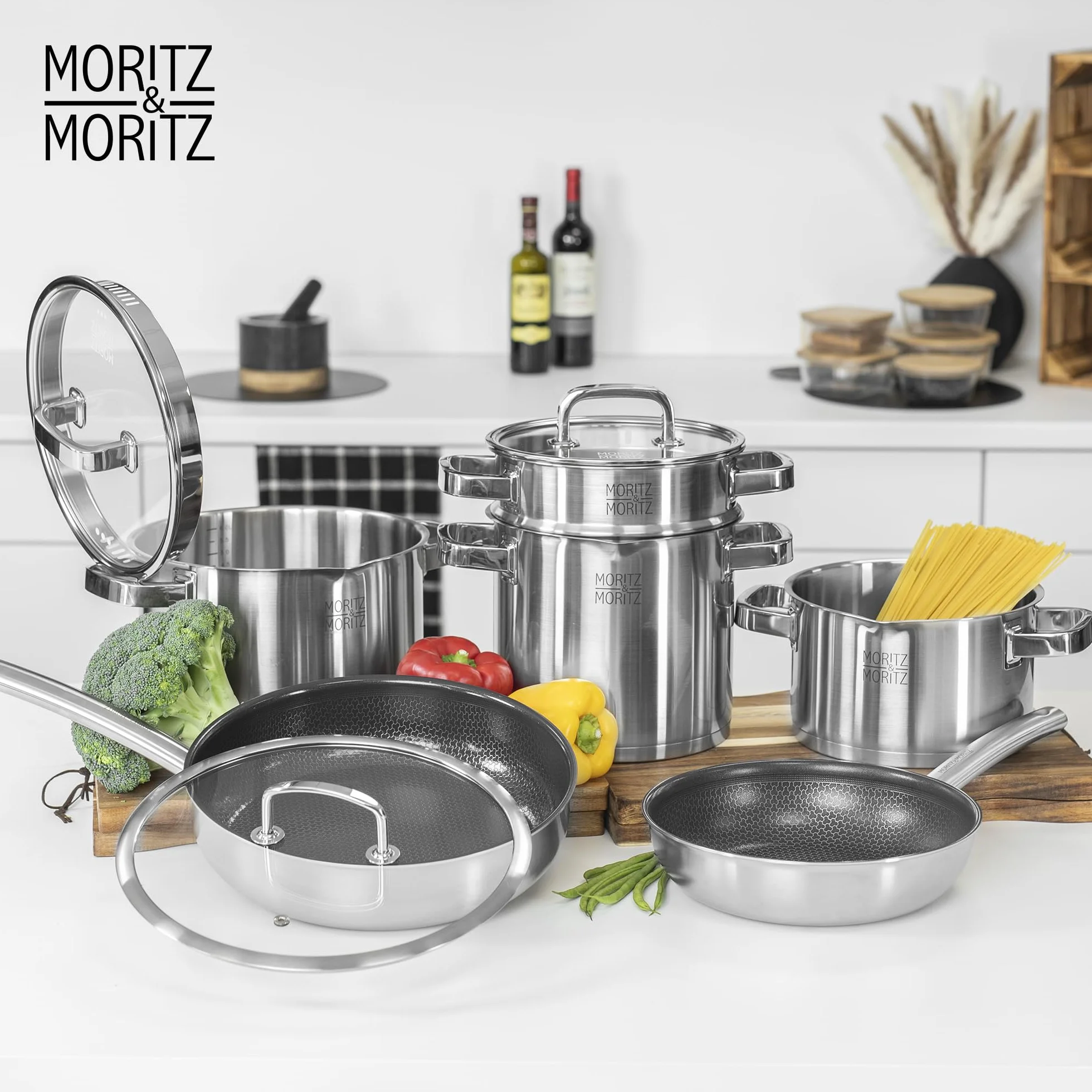 Moritz & Moritz Garnek do gotowania ze stali nierdzewnej 24 cm z sitkiem w pokrywie – skala do 6 l – nadaje się do wszystkich rodzajów kuchenek – idealny do zup i dań jednogarnkowych