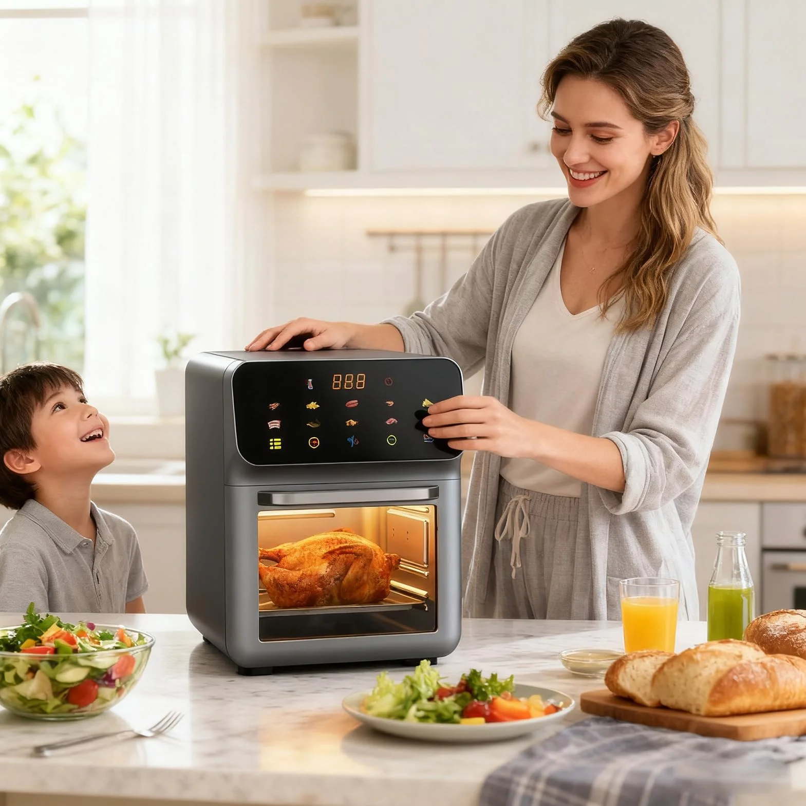 Toster Air Fryer 2 Ruszty, 0°C–200°C, Gotowanie, Pieczenie, Pizza, Kurczak | Frytkownica Powietrzna i Piekarnik Konwekcyjny Combo Dehydrator Pizza Kurczak Frytki Akademik Dom Stół Jadalny Dom Wyna