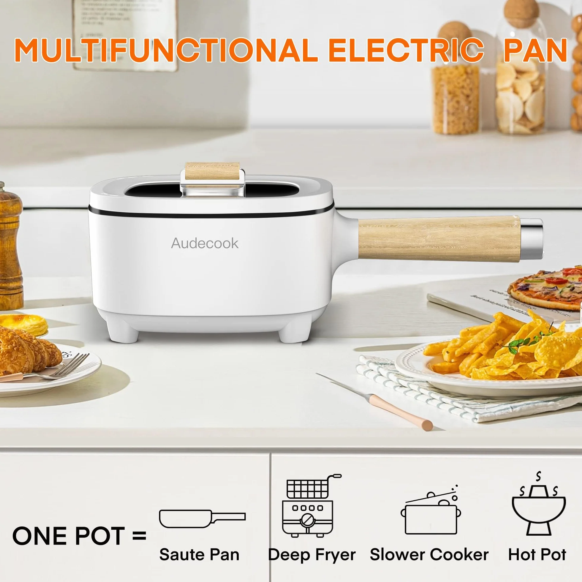 Audecook Elektryczny garnek, 2L nieprzywierająca patelnia z glazurą ceramiczną, przenośny multicooker podróżny do ramenu, steków, jajek, smażonego ryżu, płatków owsianych, zupy, 350W/800W (beżowy/2L