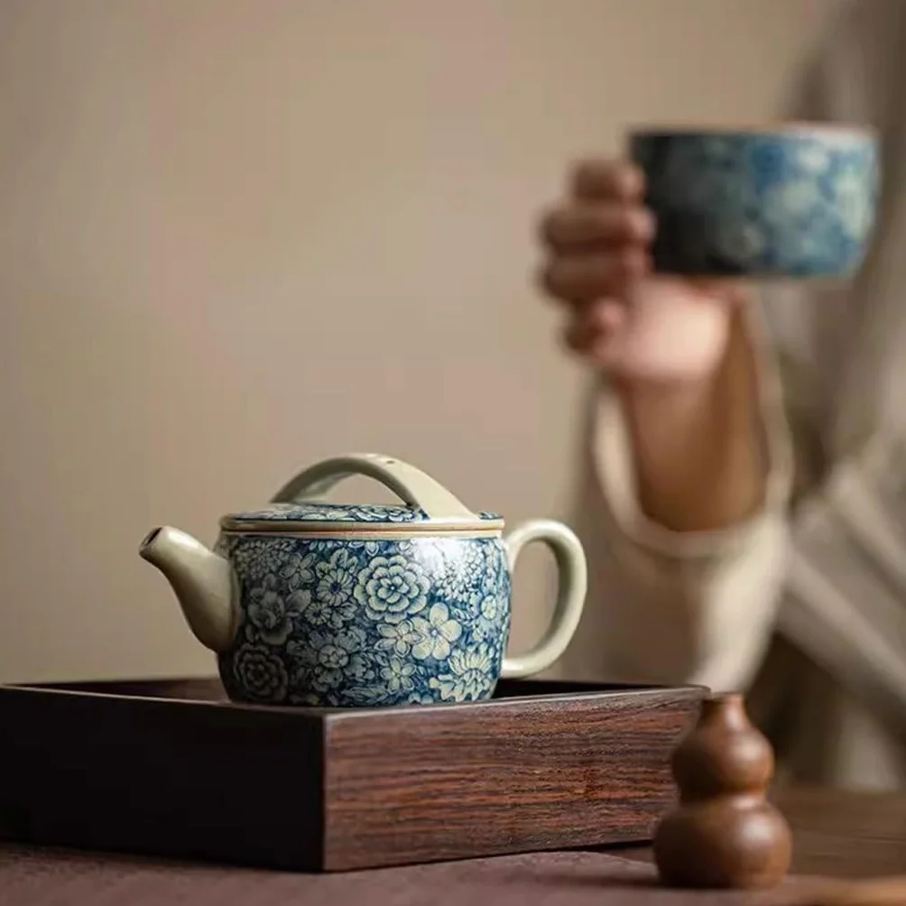 Czajnik podróżny w kolorze antycznym, niebiesko-białym, dzbanek z płytek Han, ceramiczny dzbanek do herbaty, zestaw do herbaty Kung Fu z filiżanką, domowy zestaw do herbaty, zielony dzbanek do herba
