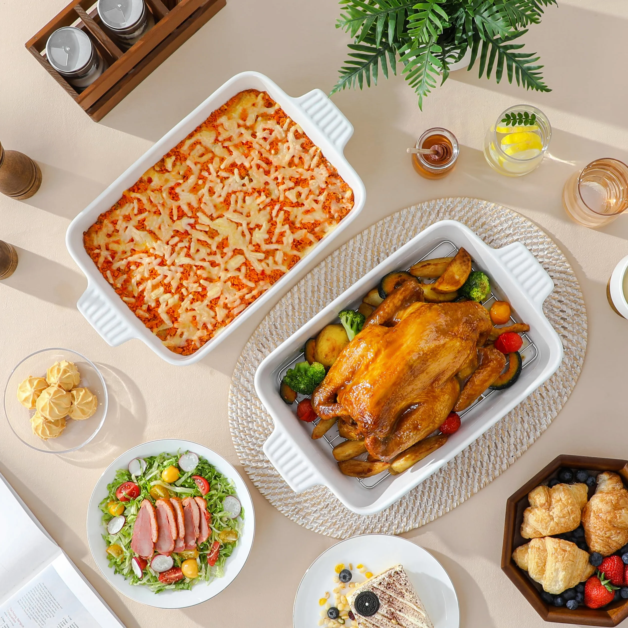 MALACASA Naczynie do pieczenia 4,15 L z rusztem, duże naczynie do zapiekanek 9x13, ceramiczna patelnia do pieczenia z rusztem, prostokątna głęboka patelnia do lasagne z uchwytami do pieczenia, trwała