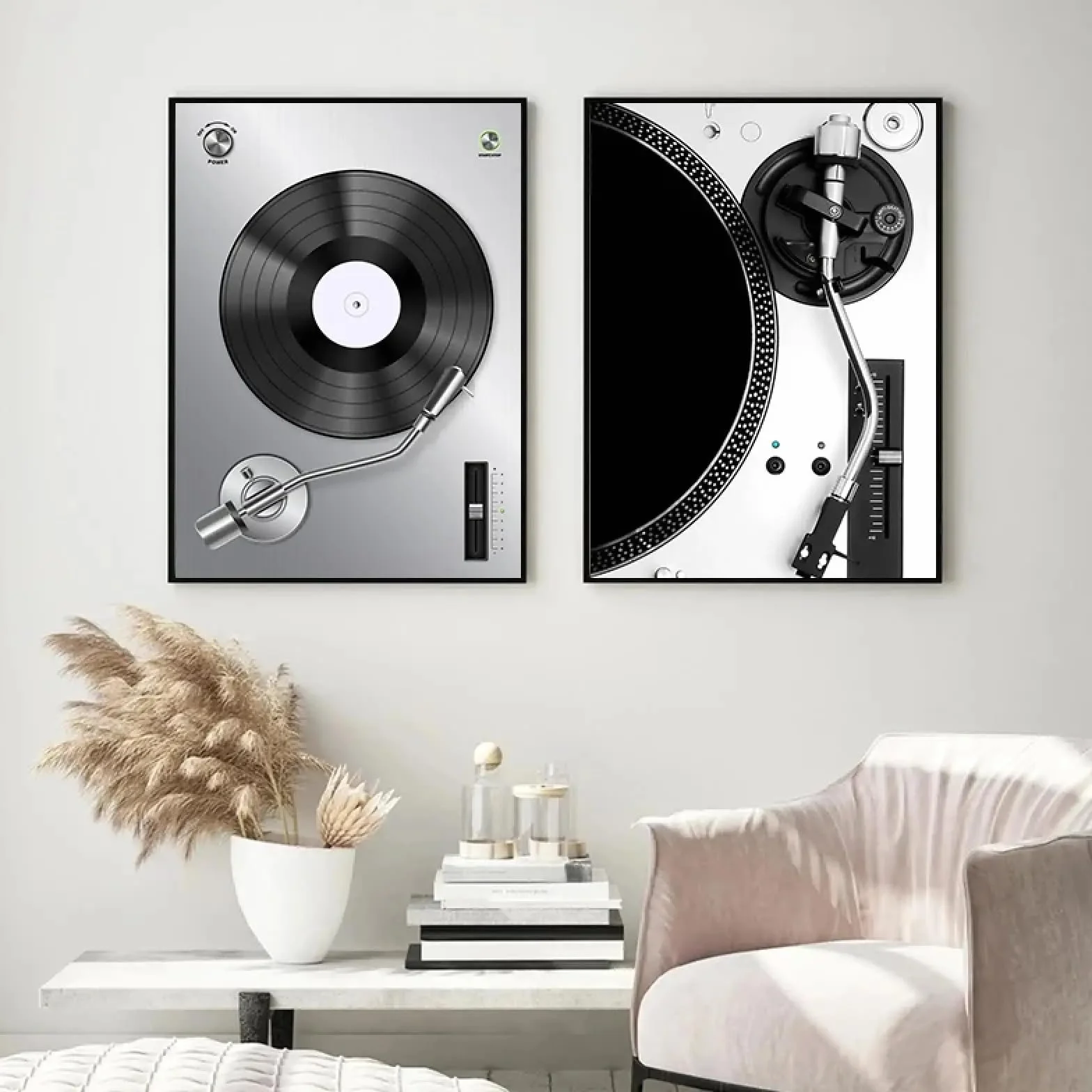 TONGYINLI Czarno-biały retro odtwarzacz płyt winylowych plakat muzyczny i obraz na płótnie obraz ścienny do pokoju dziecięcego dekoracja domu mural 80 x 120 cm x 2 ramy